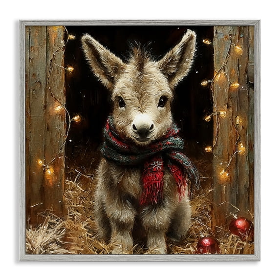 Stupell Industries Baby Donkey & Holiday Lights Animals Painting Gray Framed Art Print Wall Art, 24 x 24