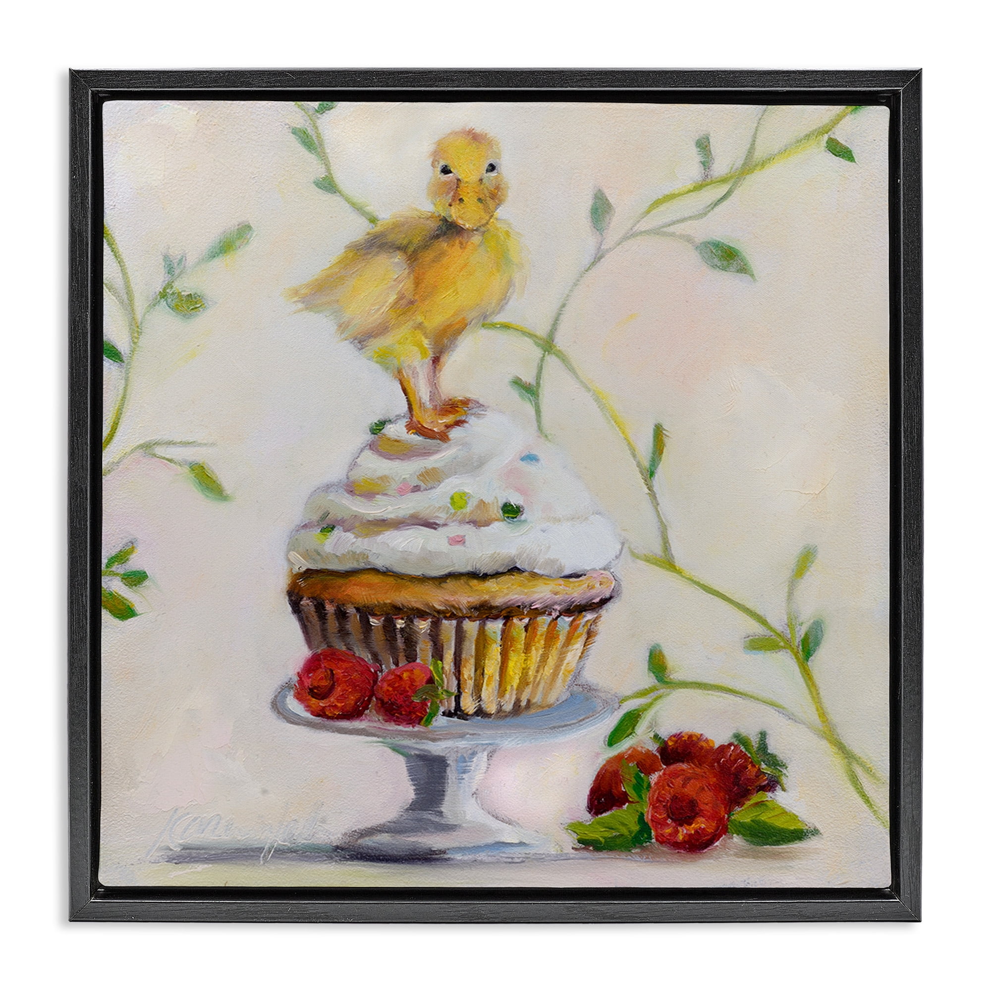 Stupell Industries Baby Duck on Raspberry Cupcake Animals & Insects Painting Black Floater Framed Canvas Art Print Wall Art, 18 x 18