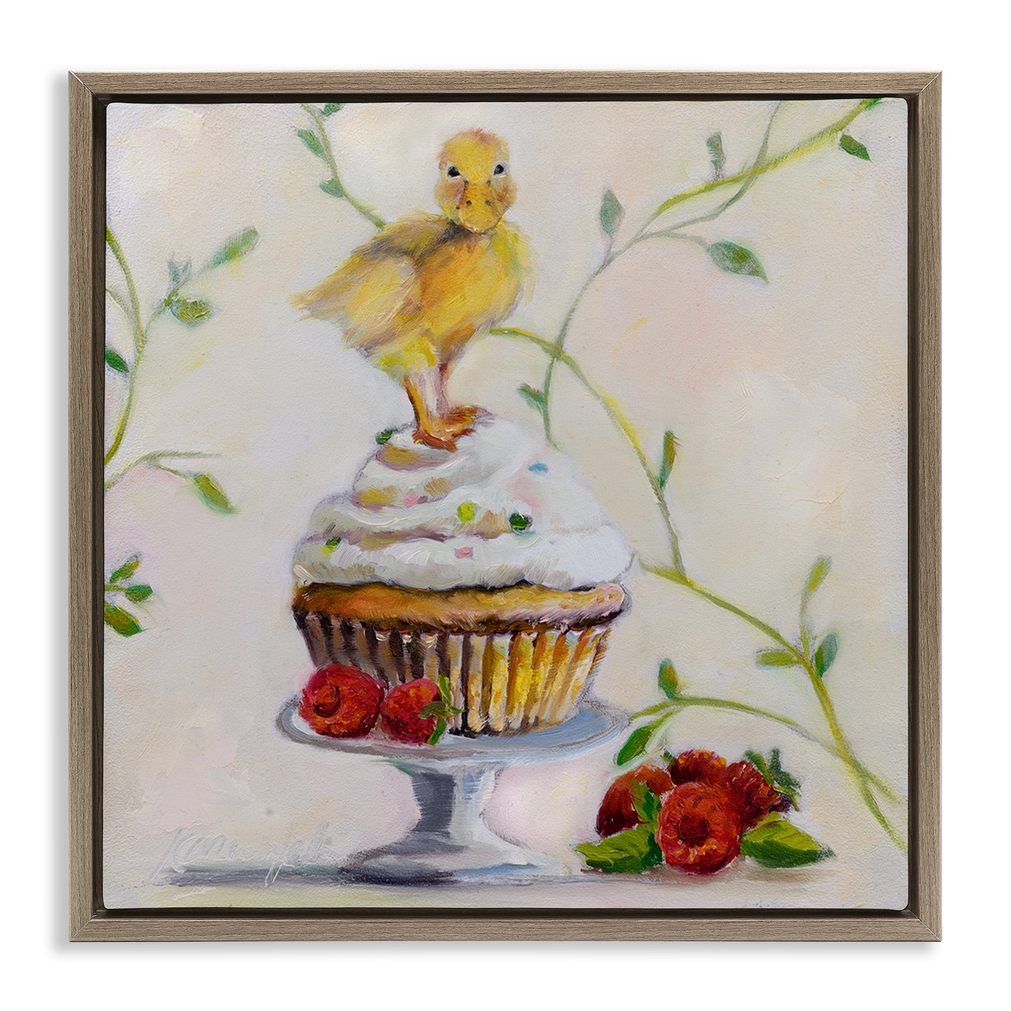 Stupell Industries Baby Duck on Raspberry Cupcake Animals & Insects Painting Brown Floater Framed Canvas Art Print Wall Art, 18 x 18