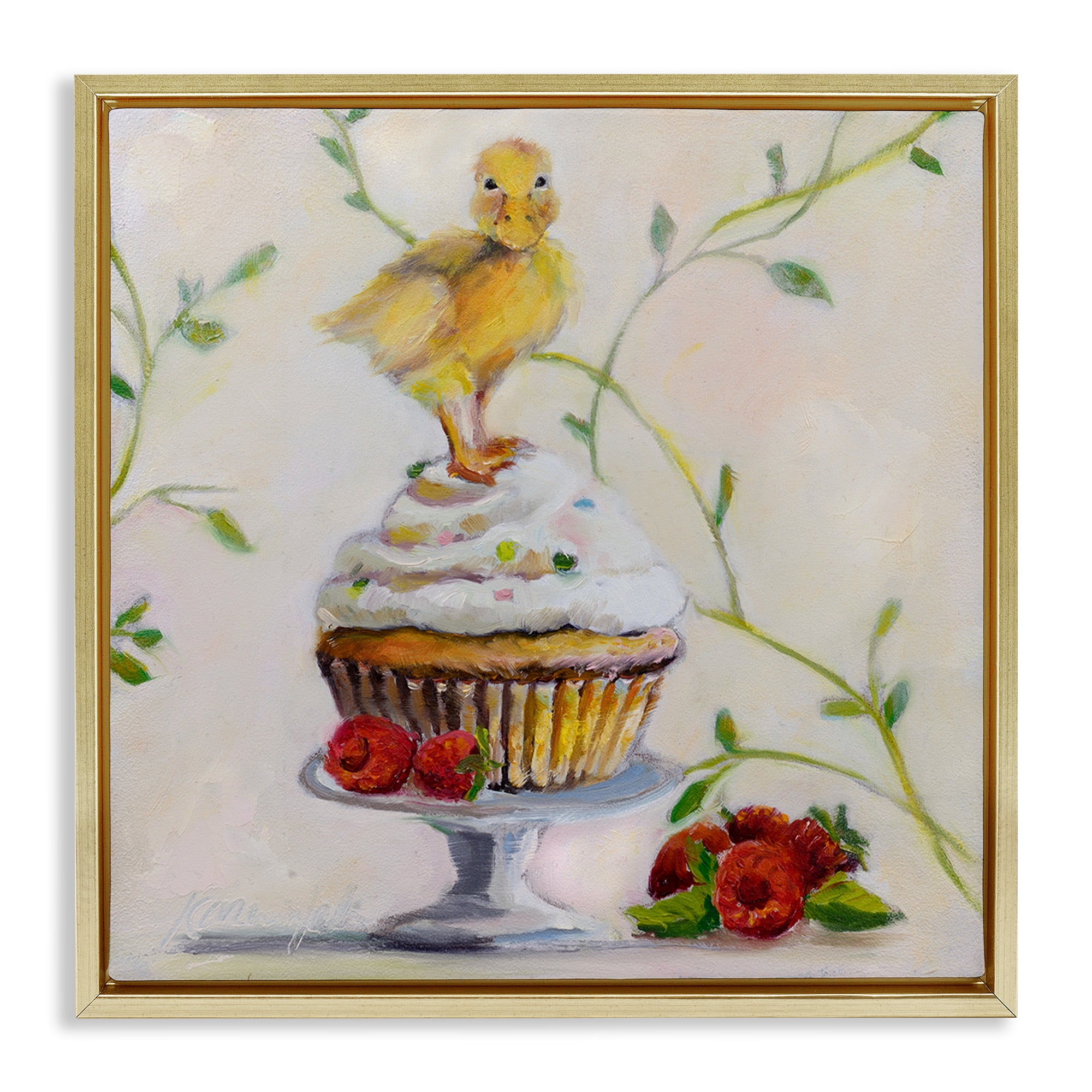Stupell Industries Baby Duck on Raspberry Cupcake Animals & Insects Painting Gold Floater Framed Canvas Art Print Wall Art, 25 x 25