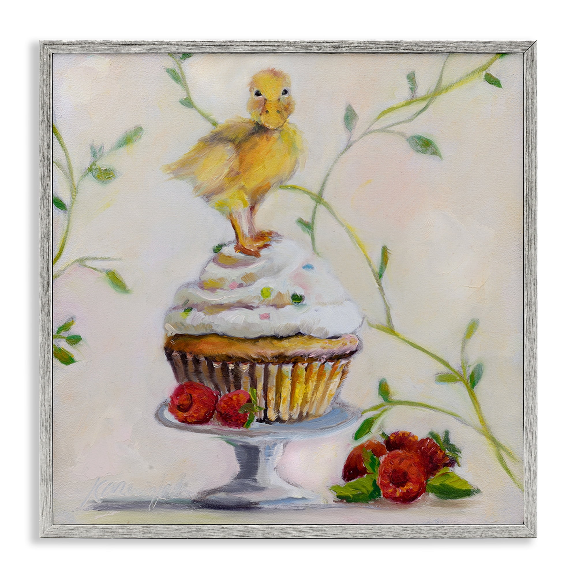 Stupell Industries Baby Duck on Raspberry Cupcake Animals & Insects Painting Gray Framed Art Print Wall Art, 12 x 12