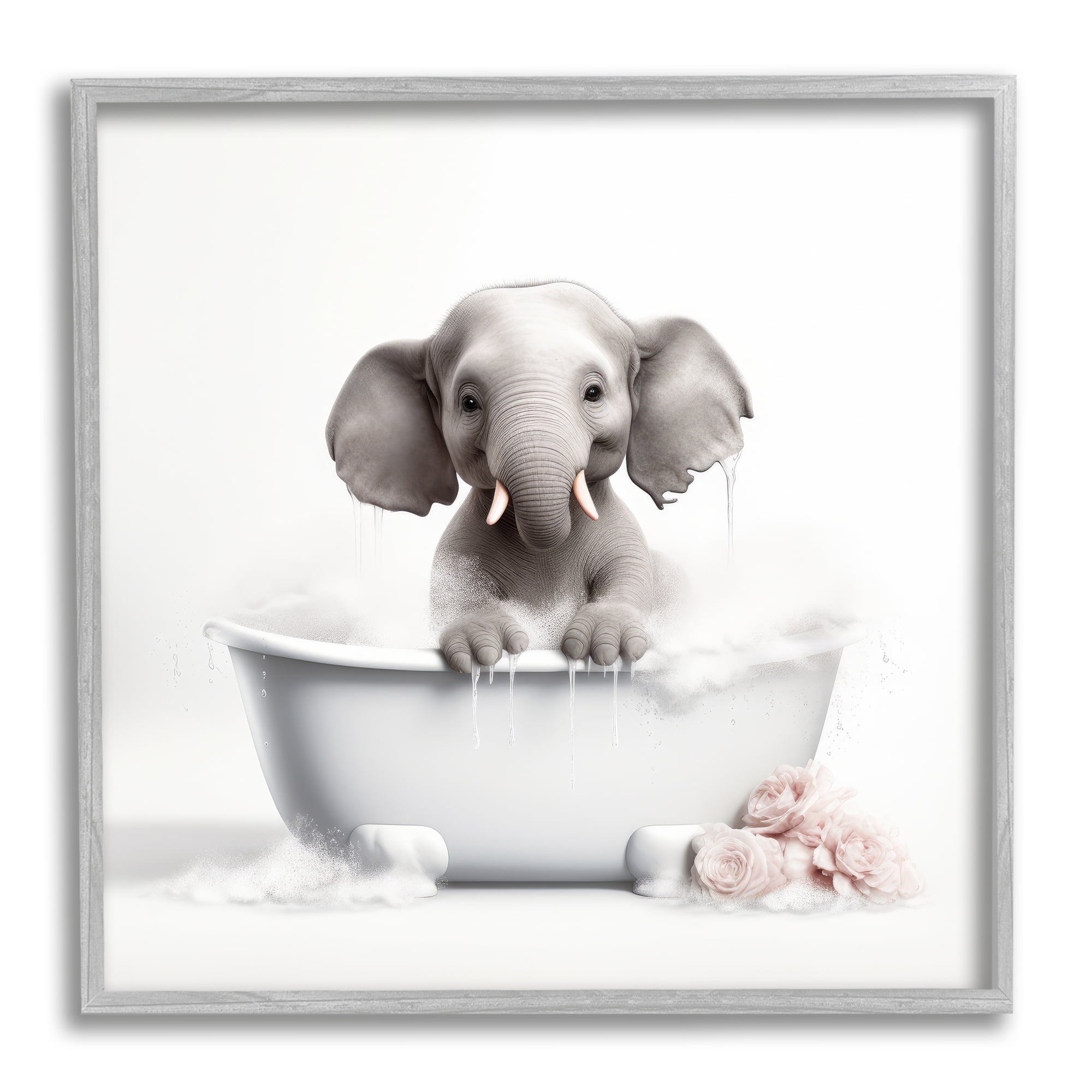 Stupell Industries Baby Elephant Bath Animals & Insects Painting Gray Framed Art Print Wall Art, 12 x 12