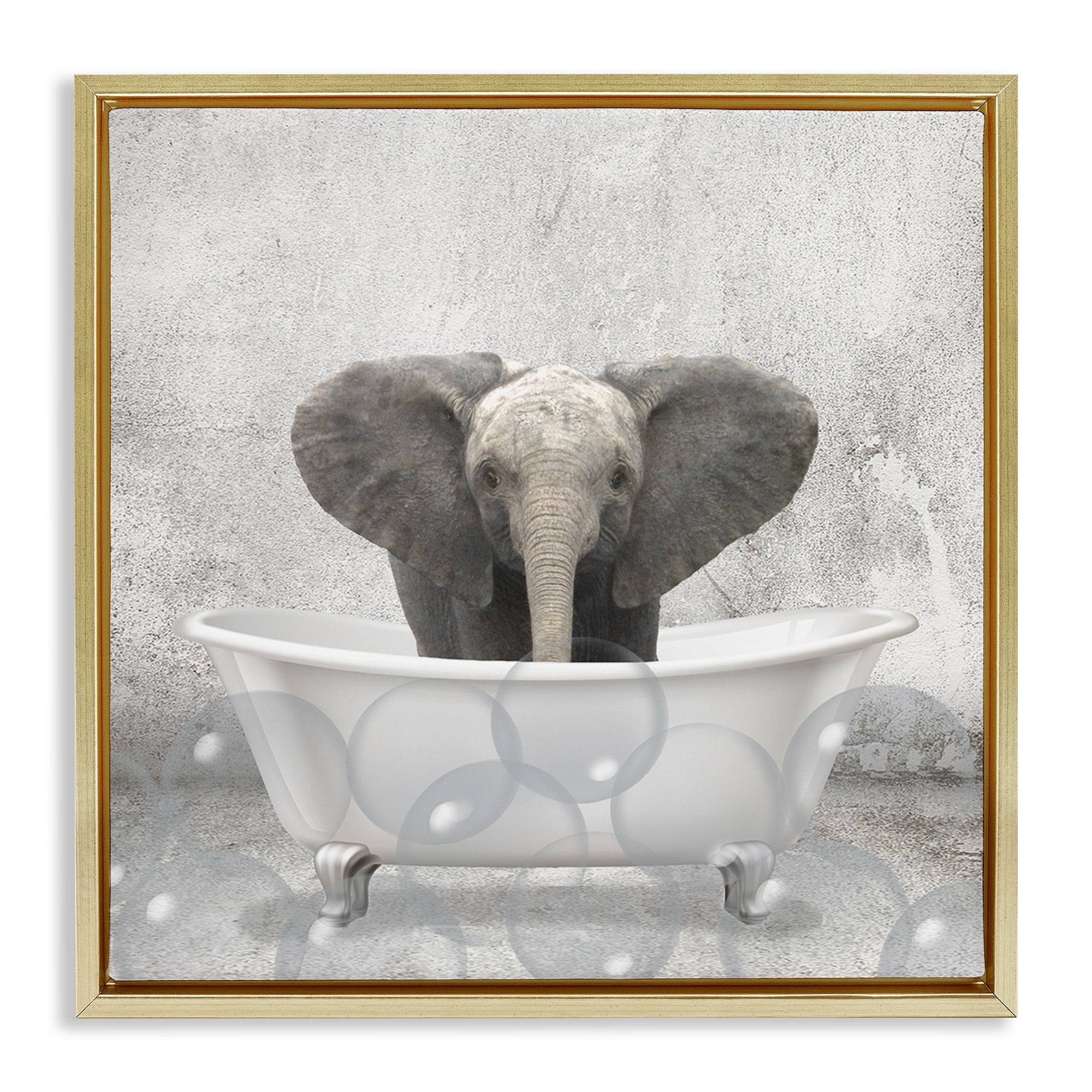 Stupell Industries Baby Elephant Bath Time Animals & Insects Painting Gold Floater Framed Canvas Art Print Wall Art, 18 x 18