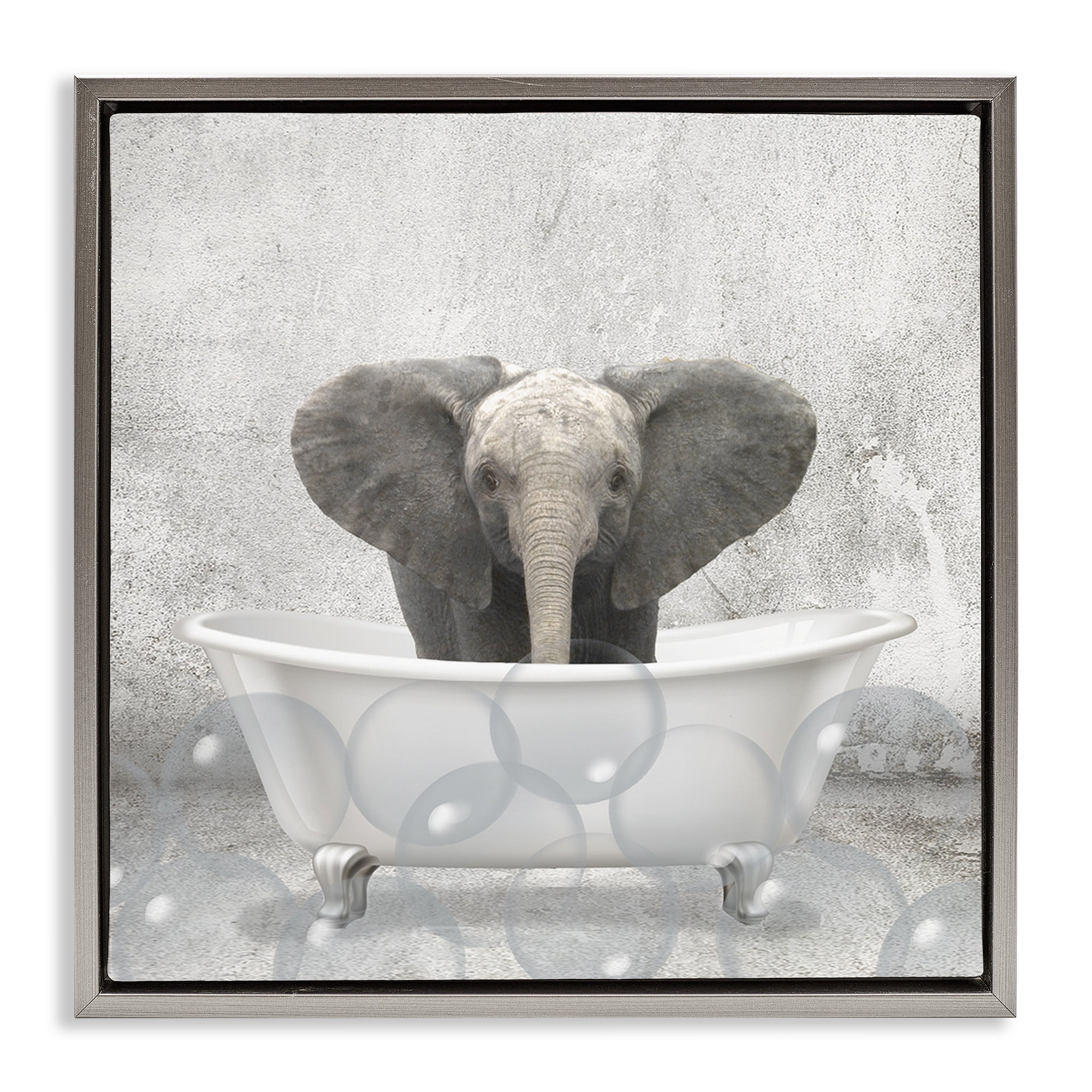 Stupell Industries Baby Elephant Bath Time Animals & Insects Painting Gray Floater Framed Canvas Art Print Wall Art, 18 x 18