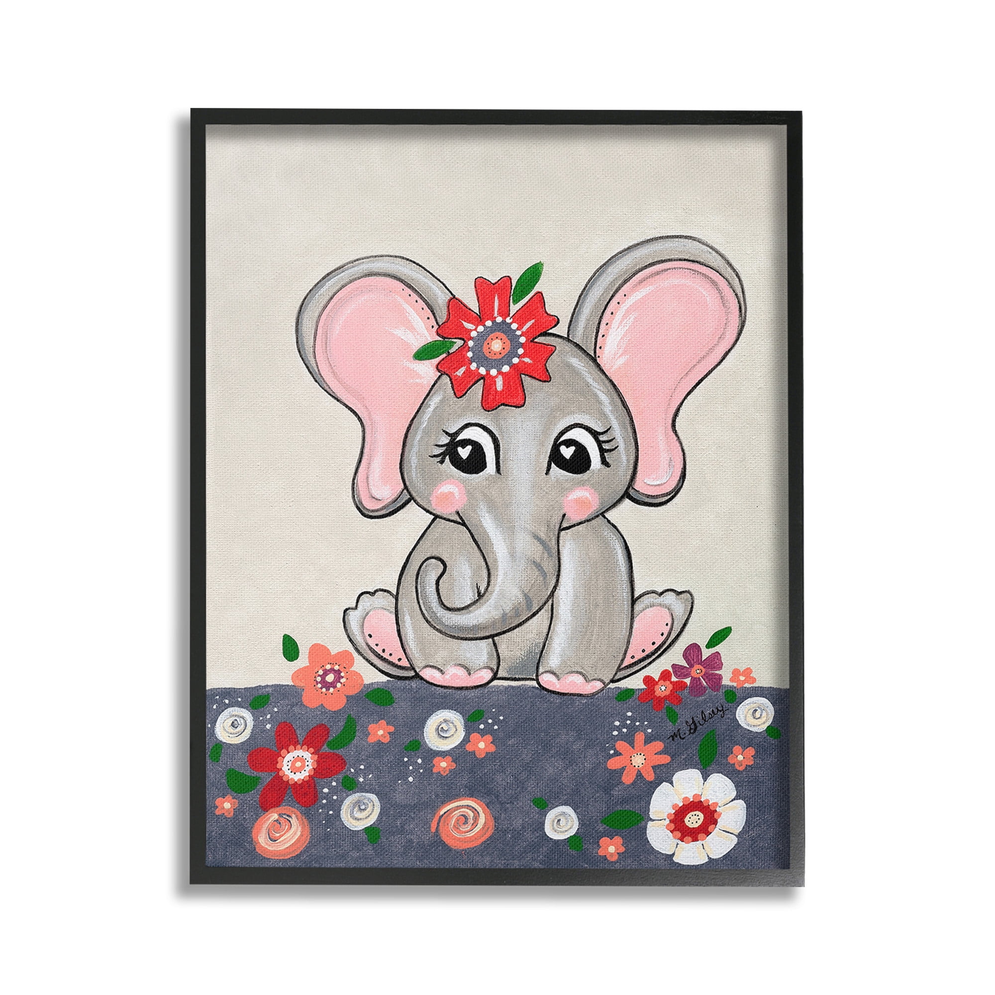 Stupell Industries Baby Elephant & Flowers Animals & Insects Painting Black Framed Art Print Wall Art, 16 x 20