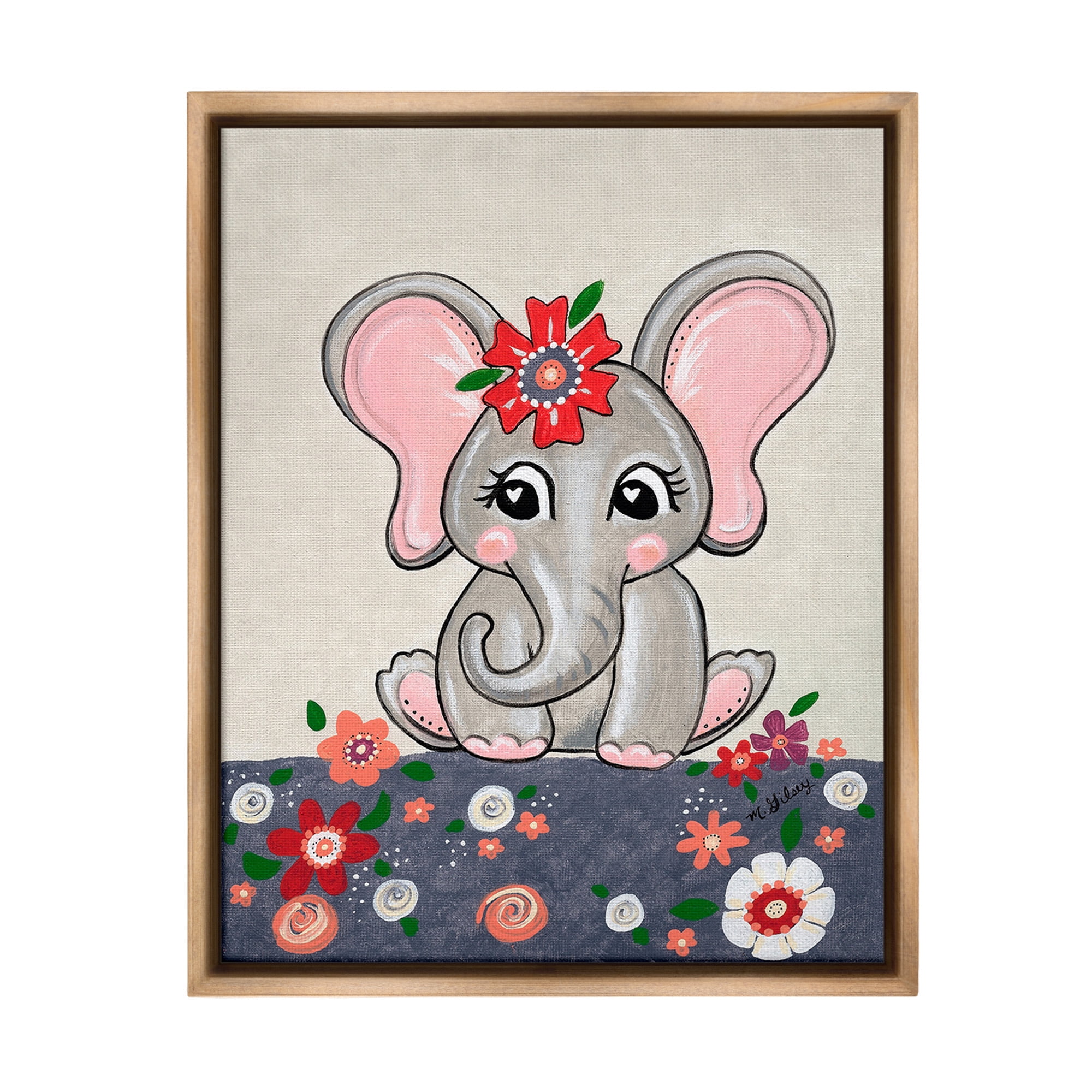 Stupell Industries Baby Elephant & Flowers Animals & Insects Painting Brown Floater Framed Canvas Art Print Wall Art, 25 x 31