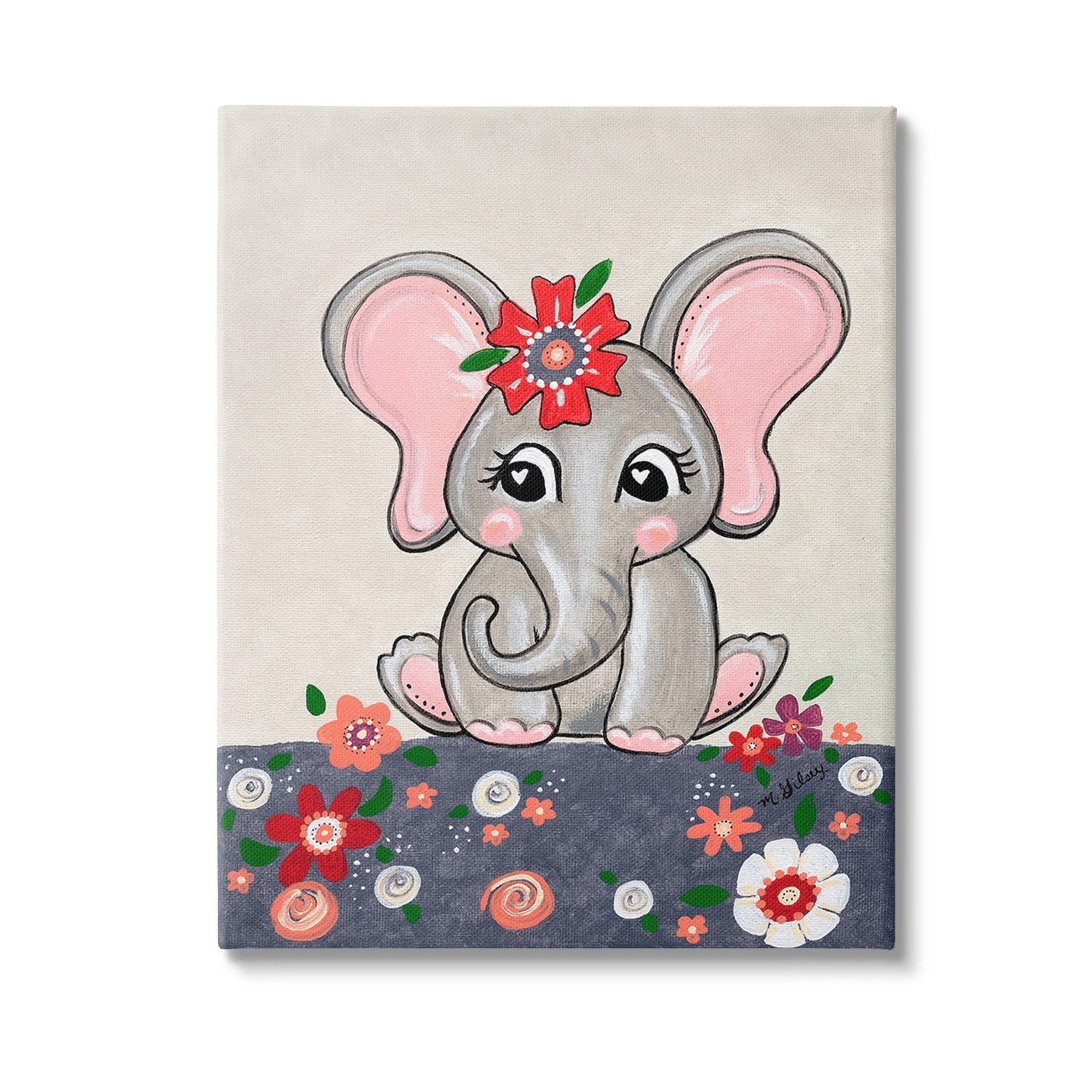 Stupell Industries Baby Elephant & Flowers Animals & Insects Painting Gallery Wrapped Canvas Art Print Wall Art, 24 x 30