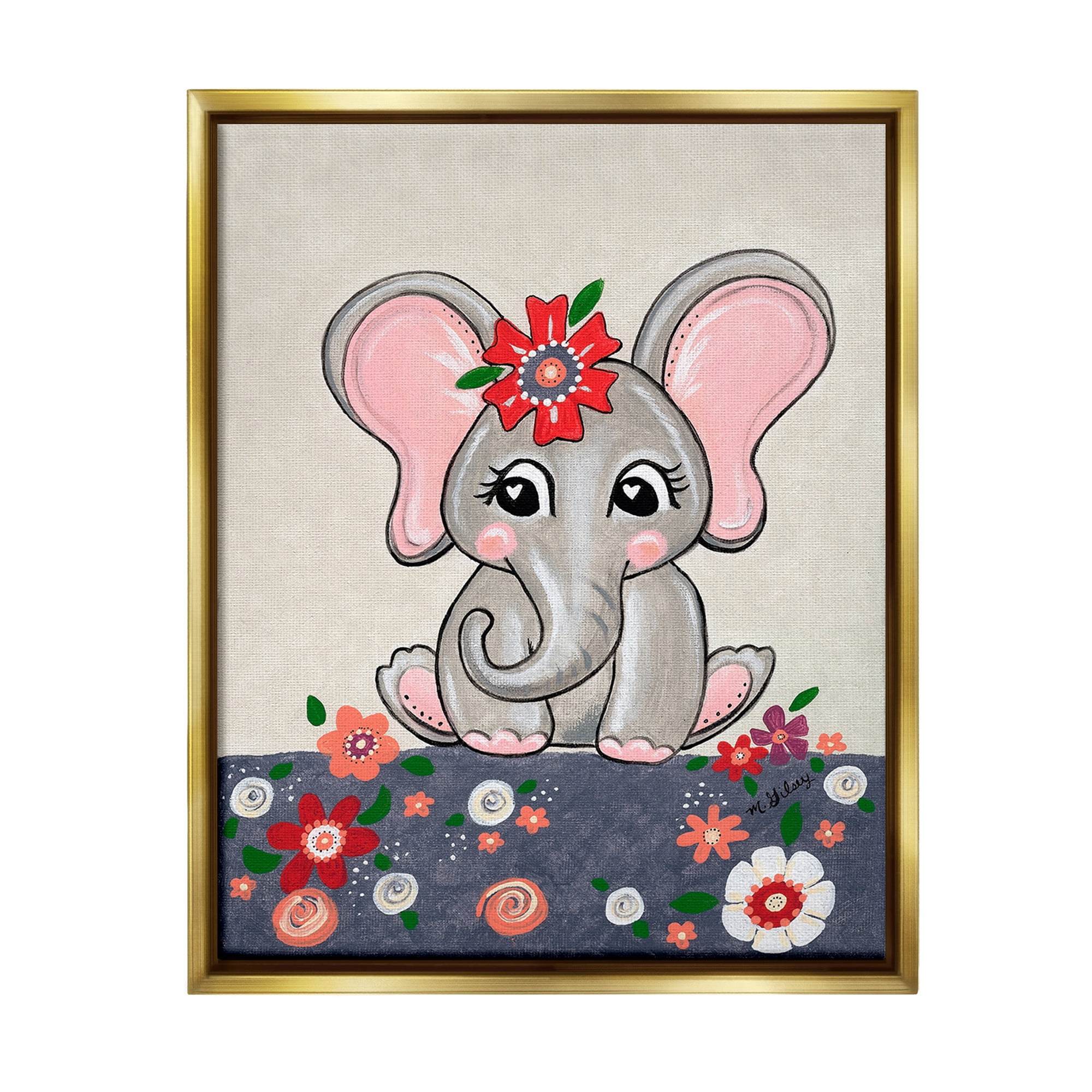 Stupell Industries Baby Elephant & Flowers Animals & Insects Painting Gold Floater Framed Canvas Art Print Wall Art, 17 x 21