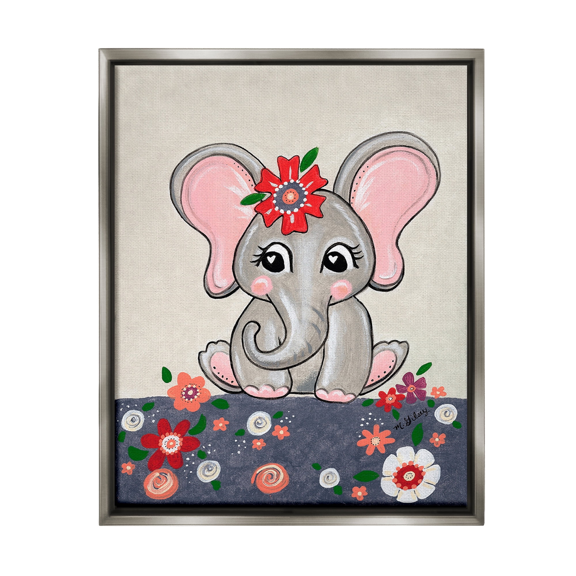 Stupell Industries Baby Elephant & Flowers Animals & Insects Painting Gray Floater Framed Canvas Art Print Wall Art, 25 x 31
