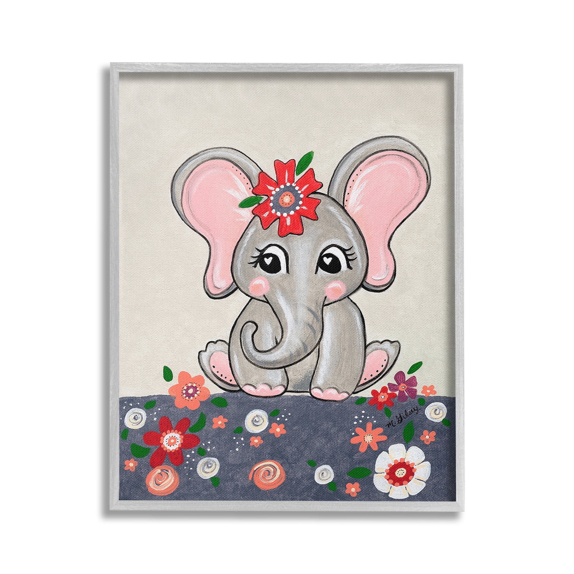 Stupell Industries Baby Elephant & Flowers Animals & Insects Painting Gray Framed Art Print Wall Art, 16 x 20