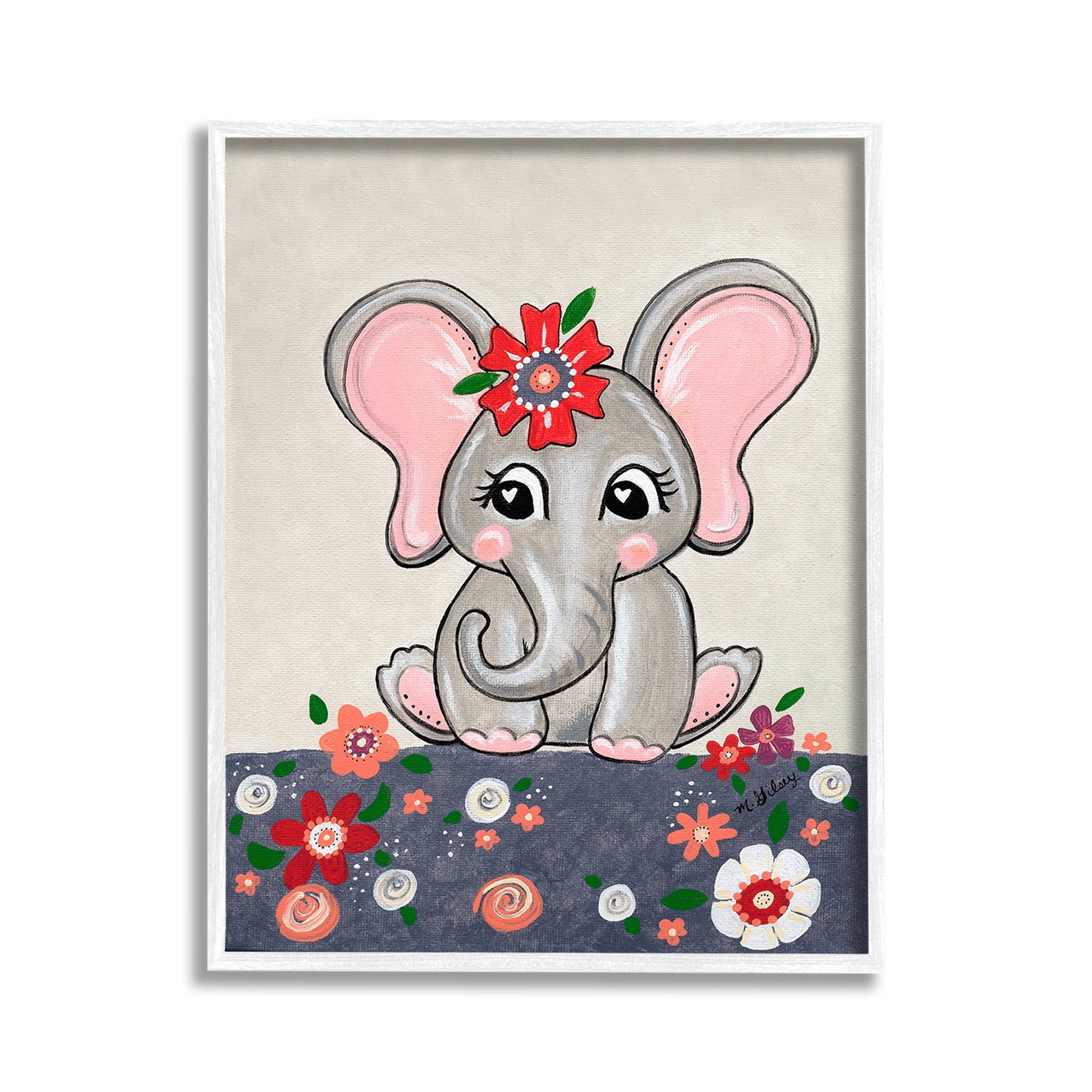 Stupell Industries Baby Elephant & Flowers Animals & Insects Painting White Framed Art Print Wall Art, 11 x 14