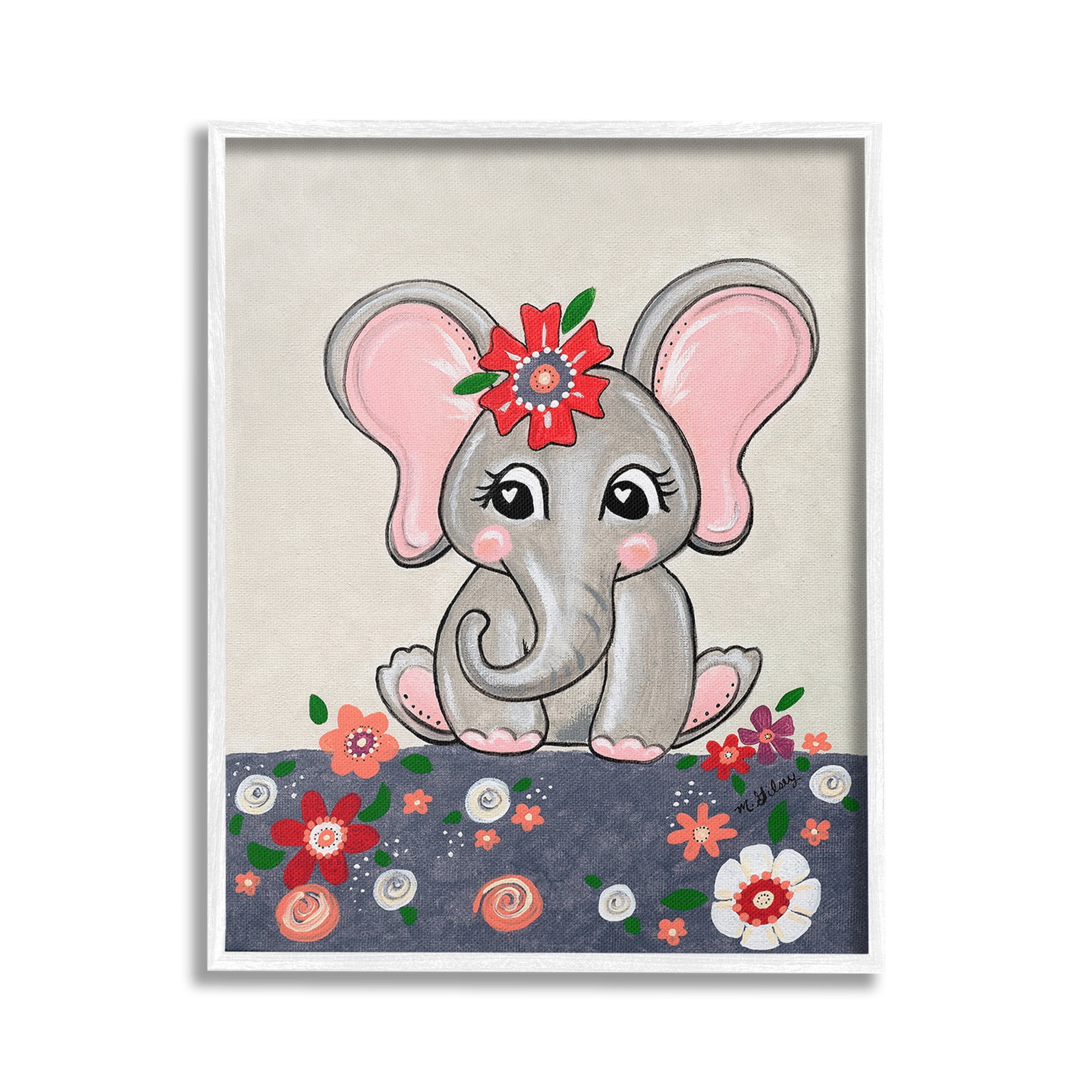 Stupell Industries Baby Elephant & Flowers Animals & Insects Painting White Framed Art Print Wall Art, 16 x 20