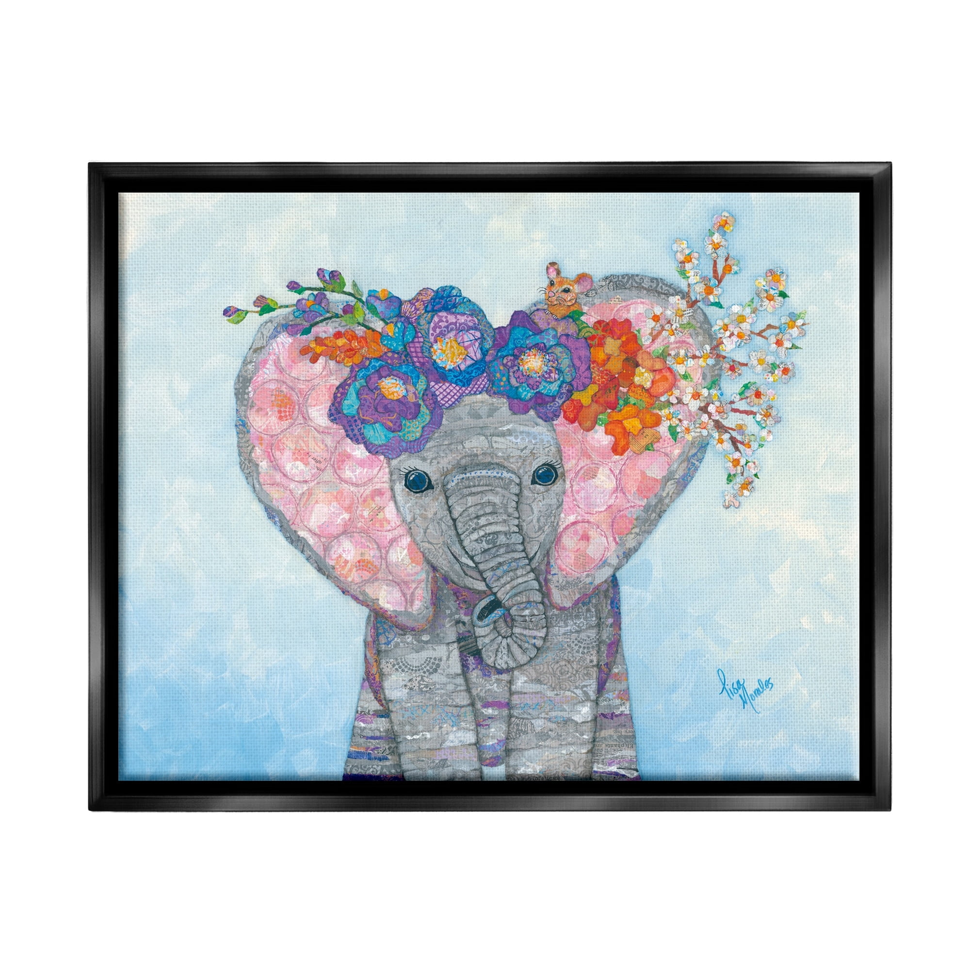 Stupell Industries Baby Elephant & Mouse Decorated Flower Blossoms Collage Painting Jet Black Floating Framed Canvas Print Wall Art, Design by Lisa Morales