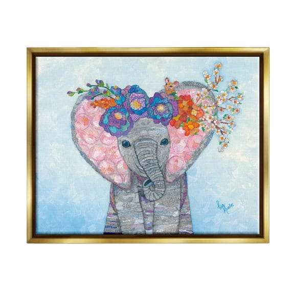 Stupell Industries Baby Elephant & Mouse Decorated Flower Blossoms Collage Painting Metallic Gold Floating Framed Canvas Print Wall Art, Design by Lisa Morales