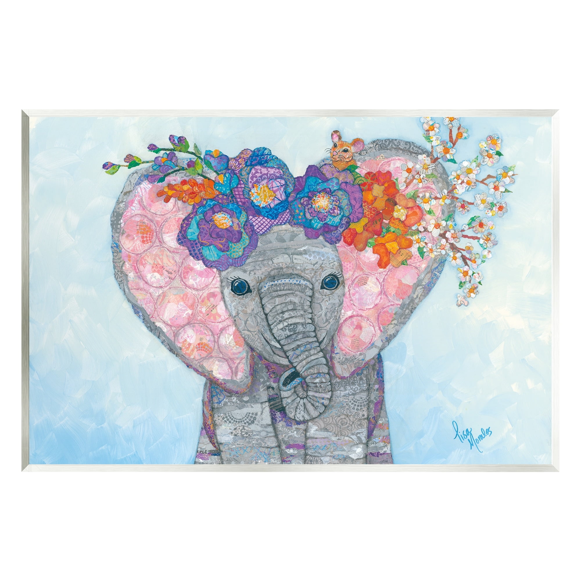 Stupell Industries Baby Elephant & Mouse Decorated Flower Blossoms Collage Painting Unframed Art Print Wall Art, Design by Lisa Morales