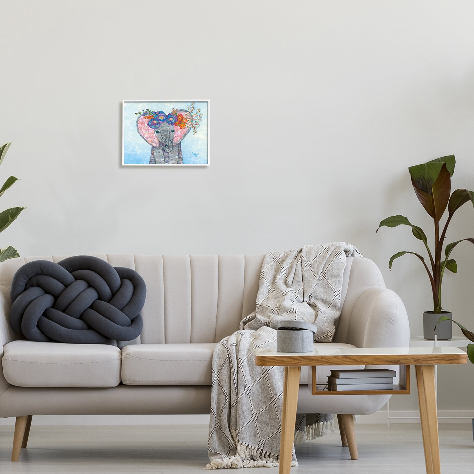 Stupell Industries Baby Elephant & Mouse Decorated Flower Blossoms Collage Painting White Framed Art Print Wall Art, Design by Lisa Morales