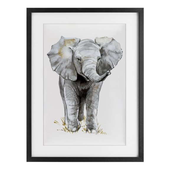 Stupell Industries Baby Elephant Simple Black Framed Print Under Glass design by Elena Markelova, 20 x 14