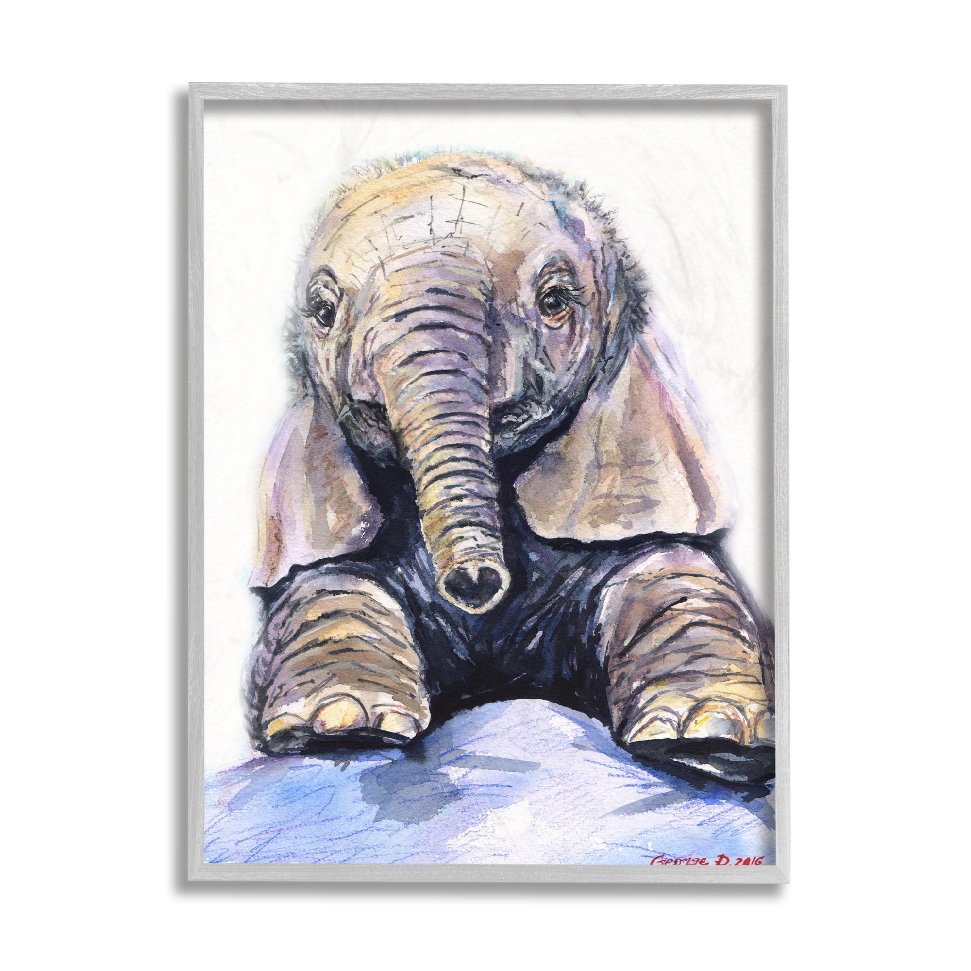 Stupell Industries Baby Elephant Small Trunk Adorable Safari Animal Grey Framed, 16 x 20, Design by George Dyachenko
