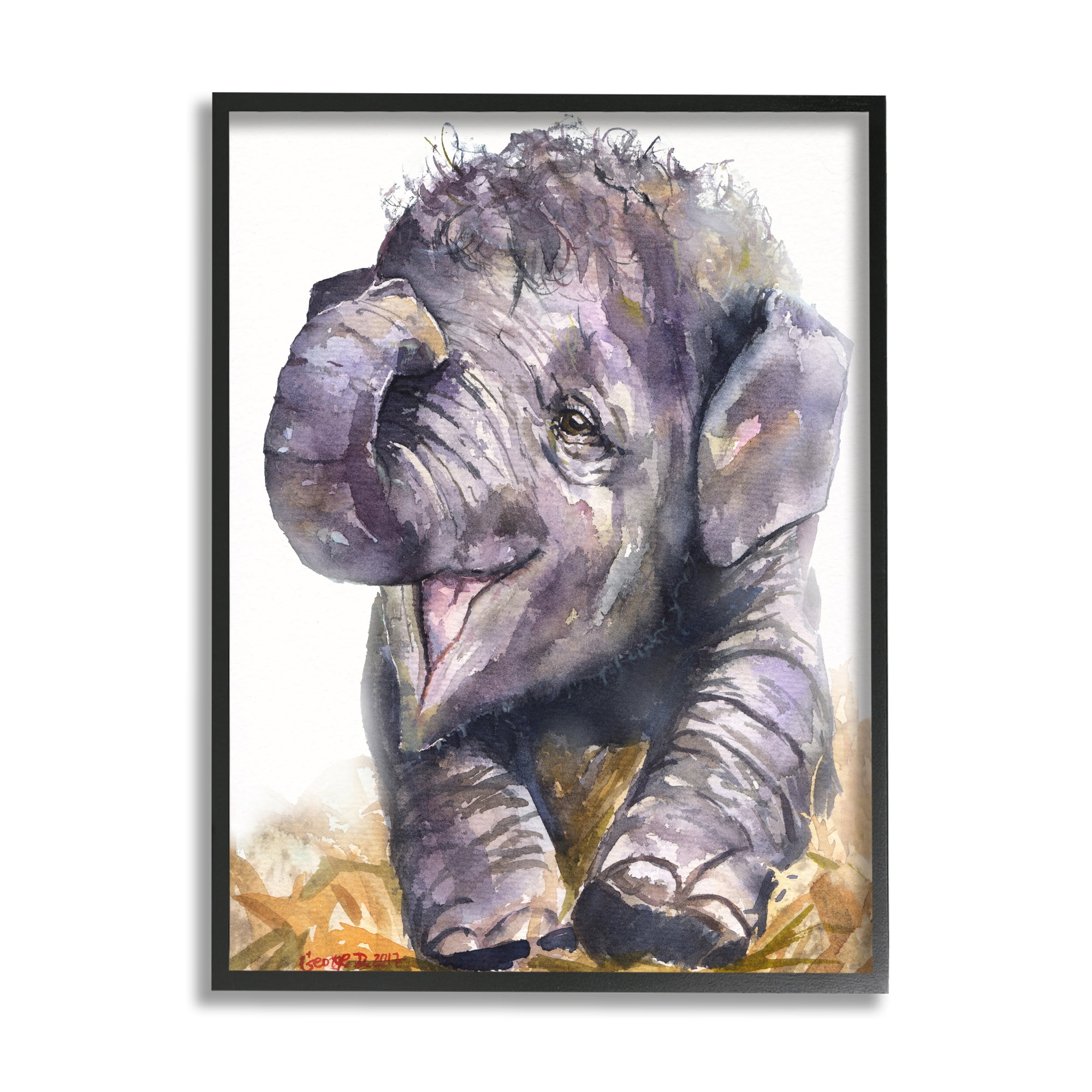 Stupell Industries Baby Elephant Yawning Adorable Safari Animal Portrait Black Framed, 16 x 20, Design by George Dyachenko