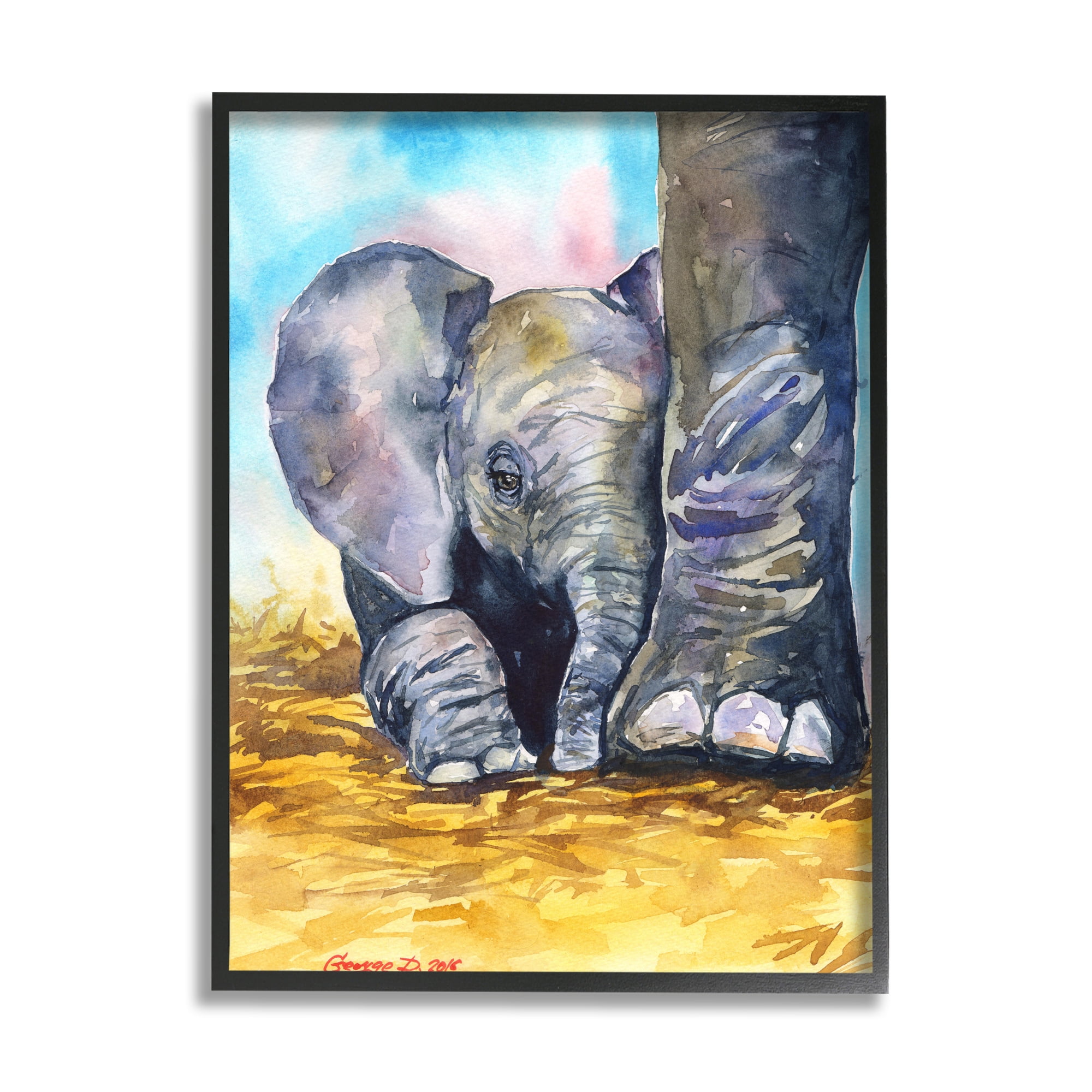 Stupell Industries Baby Elephant at Feet Portrait Vibrant Blue Yellow Black Framed, 24 x 30, Design by George Dyachenko