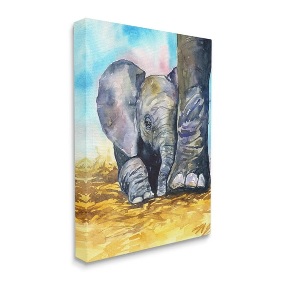 Stupell Industries Baby Elephant at Feet Portrait Vibrant Blue Yellow Canvas Wall Art, 16 x 20, Design by George Dyachenko