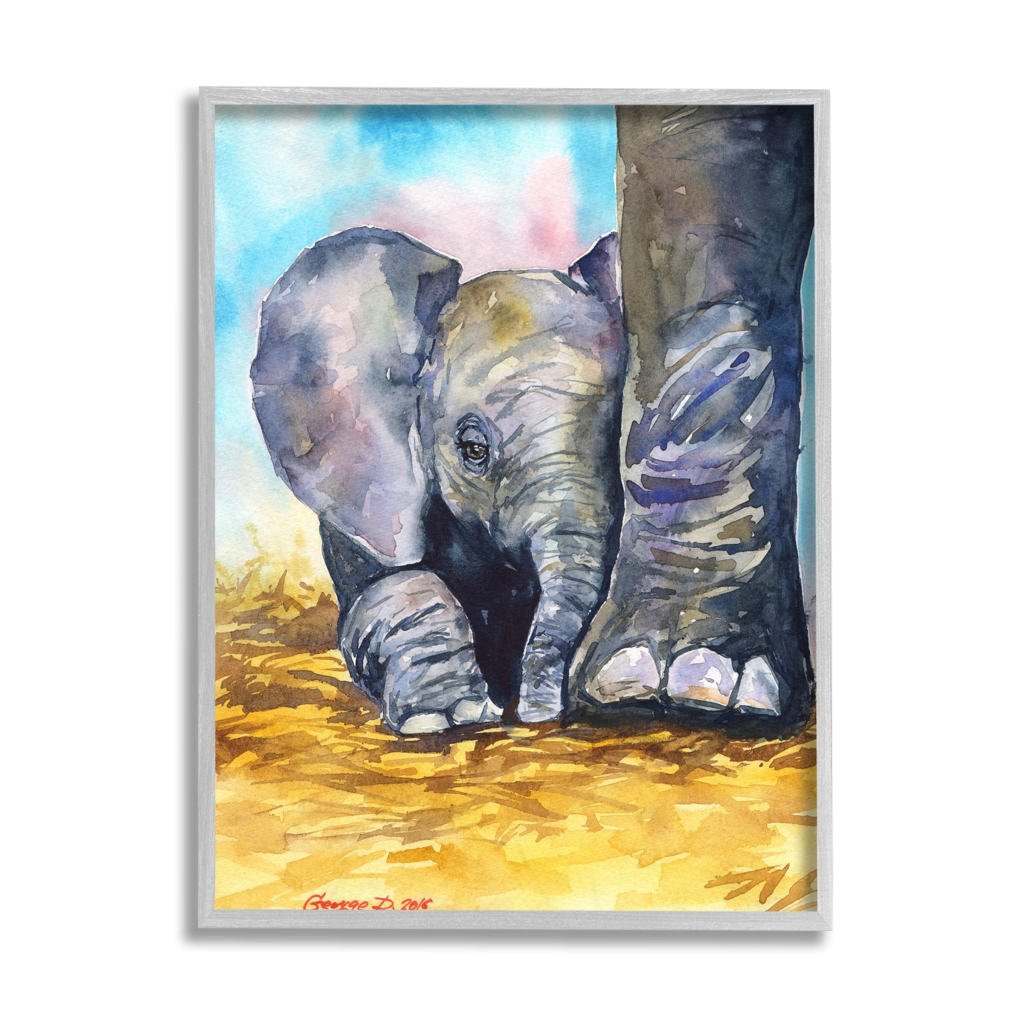 Stupell Industries Baby Elephant at Feet Portrait Vibrant Blue Yellow Grey Framed, 11 x 14, Design by George Dyachenko