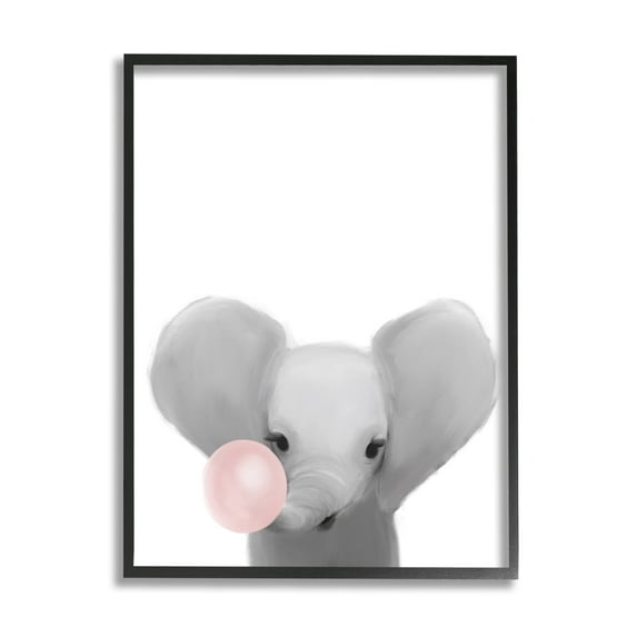 Stupell Industries Baby Elephant with Pink Bubble Gum Safari Animal Black Framed, 11 x 14, Design by Leah Straatsma