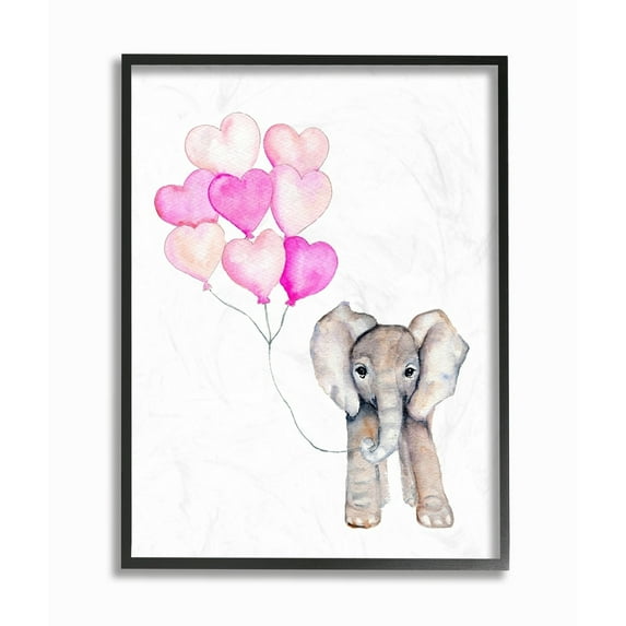 Stupell Industries Baby Elephant with Pink Heart Balloons Graphic Art Black Framed Art Print Wall Art, 24x30, by Daphne Polselli
