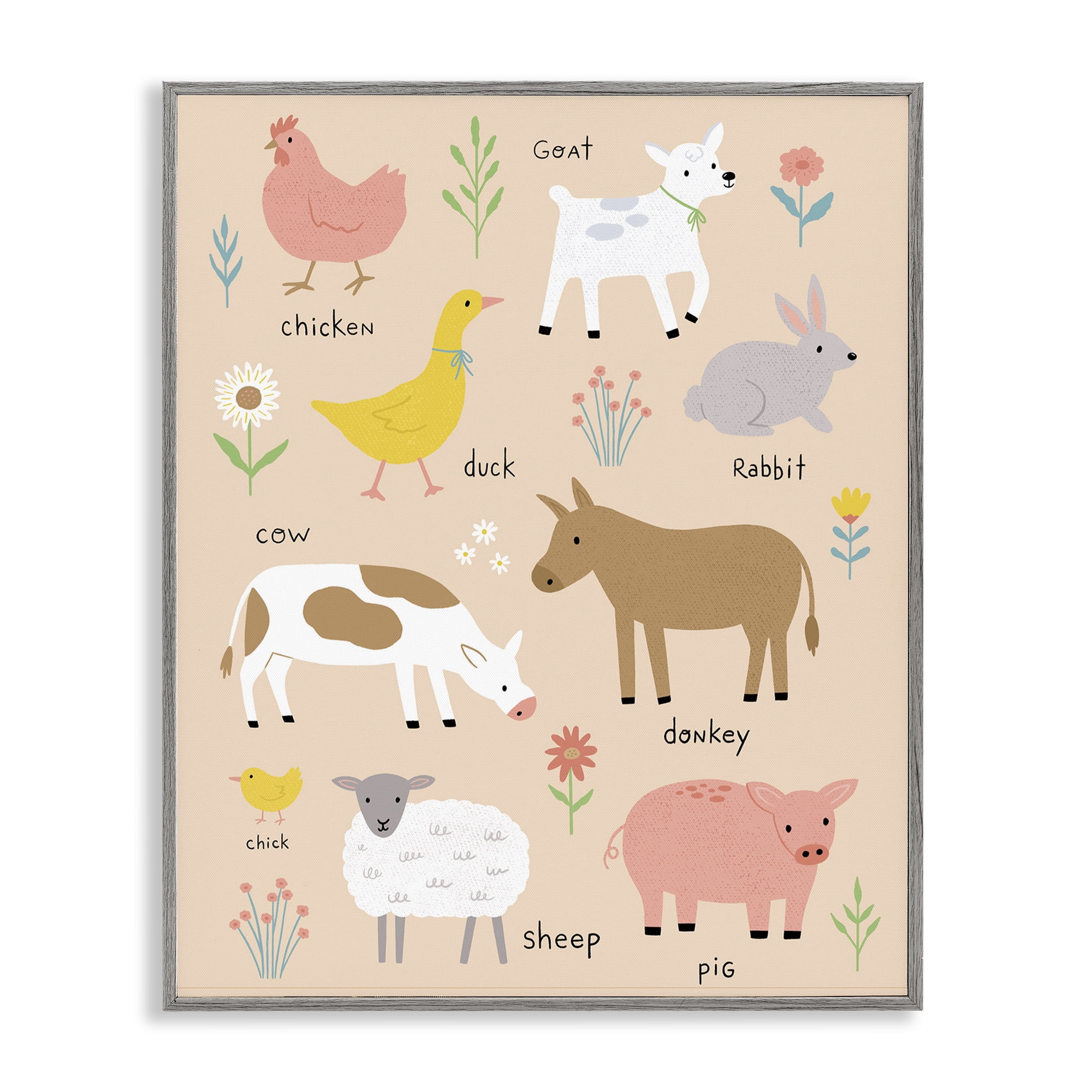 Stupell Industries Baby Farm Friends Gray Framed Giclee Art, design by Nina Seven