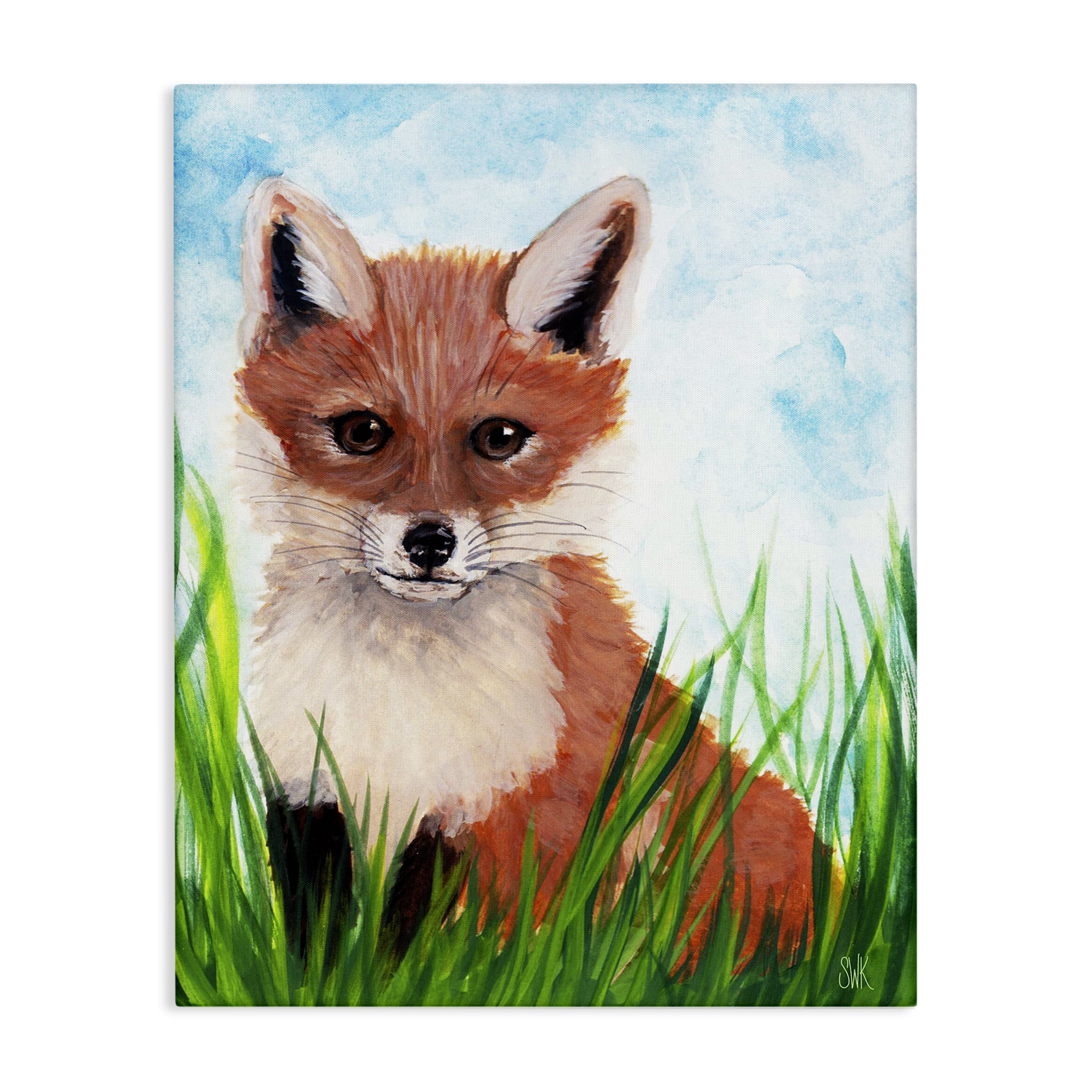 Stupell Industries Baby Fox in Grass Animals Painting Wrapped Canvas Canvas Art Print Wall Art, 16 x 20
