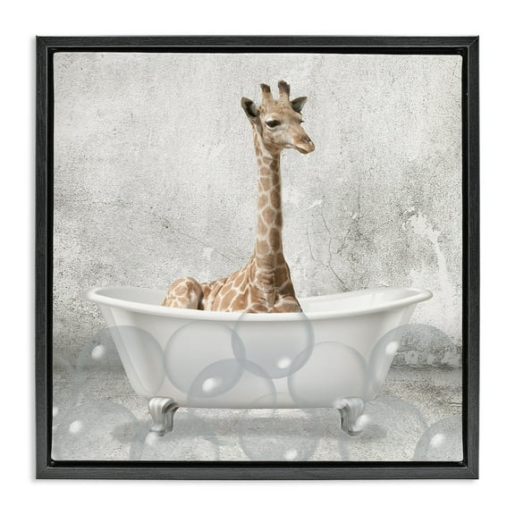 Stupell Industries Baby Giraffe Bath Time Animals & Insects Painting Black Floater Framed Canvas Art Print Wall Art, 18 x 18