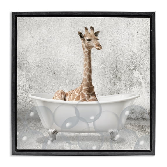 Stupell Industries Rustic Lodge Baby Giraffe Bath Time Black Floating Frame Canvas Art, 18 x 18, by Kim Allen