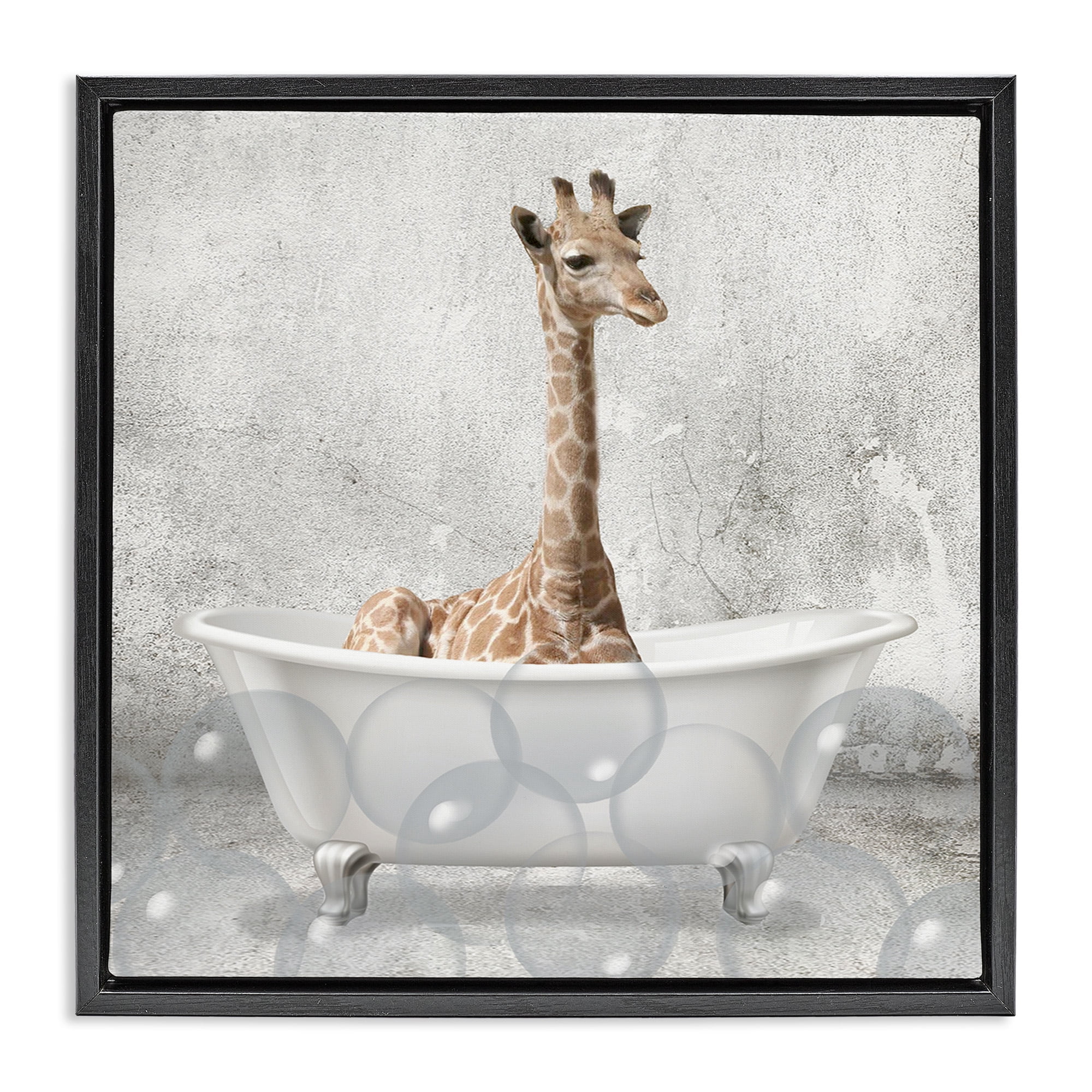 Stupell Industries Baby Giraffe Bath Time Animals & Insects Painting Black Floater Framed Canvas Art Print Wall Art, 25 x 25