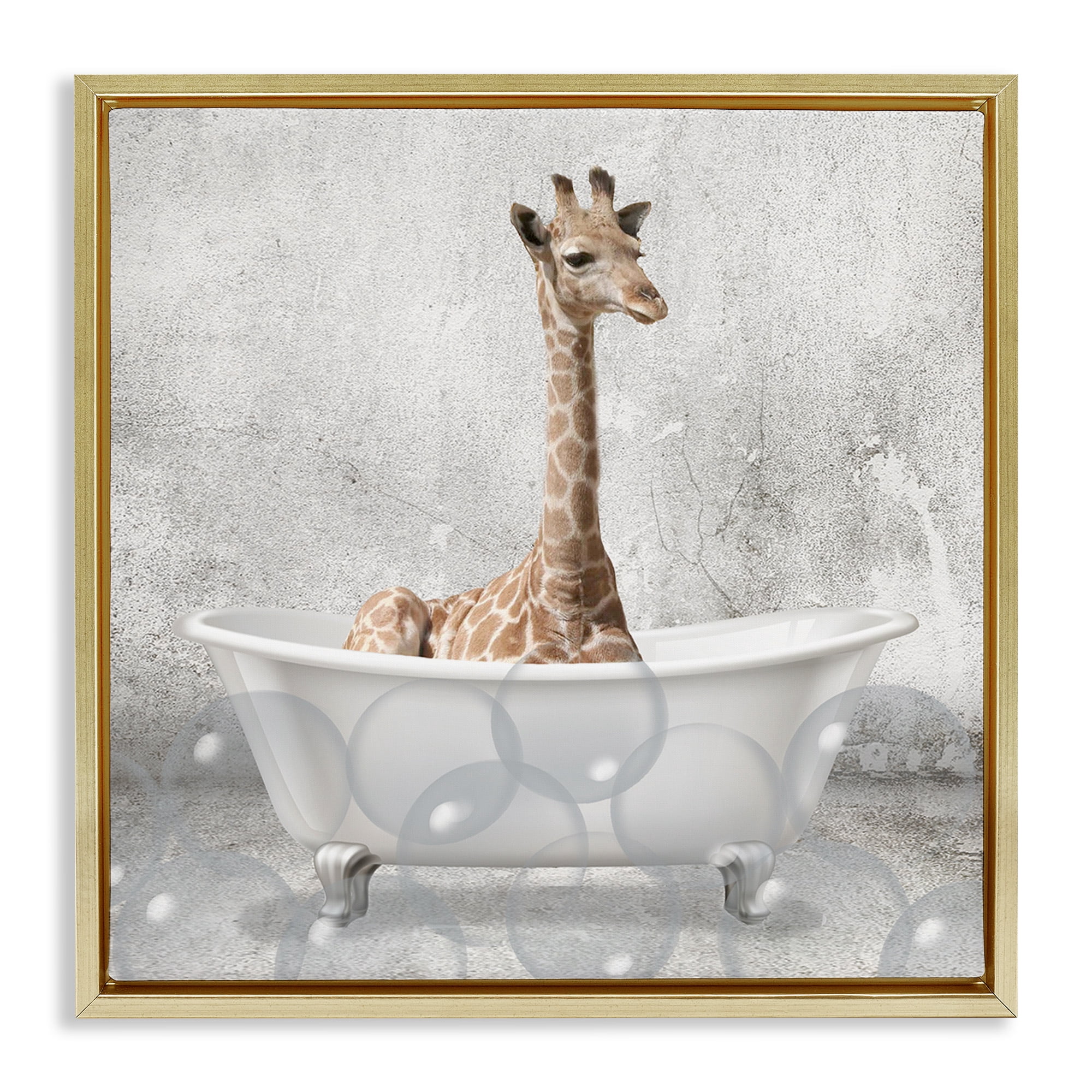 Stupell Industries Baby Giraffe Bath Time Animals & Insects Painting Gold Floater Framed Canvas Art Print Wall Art, 25 x 25