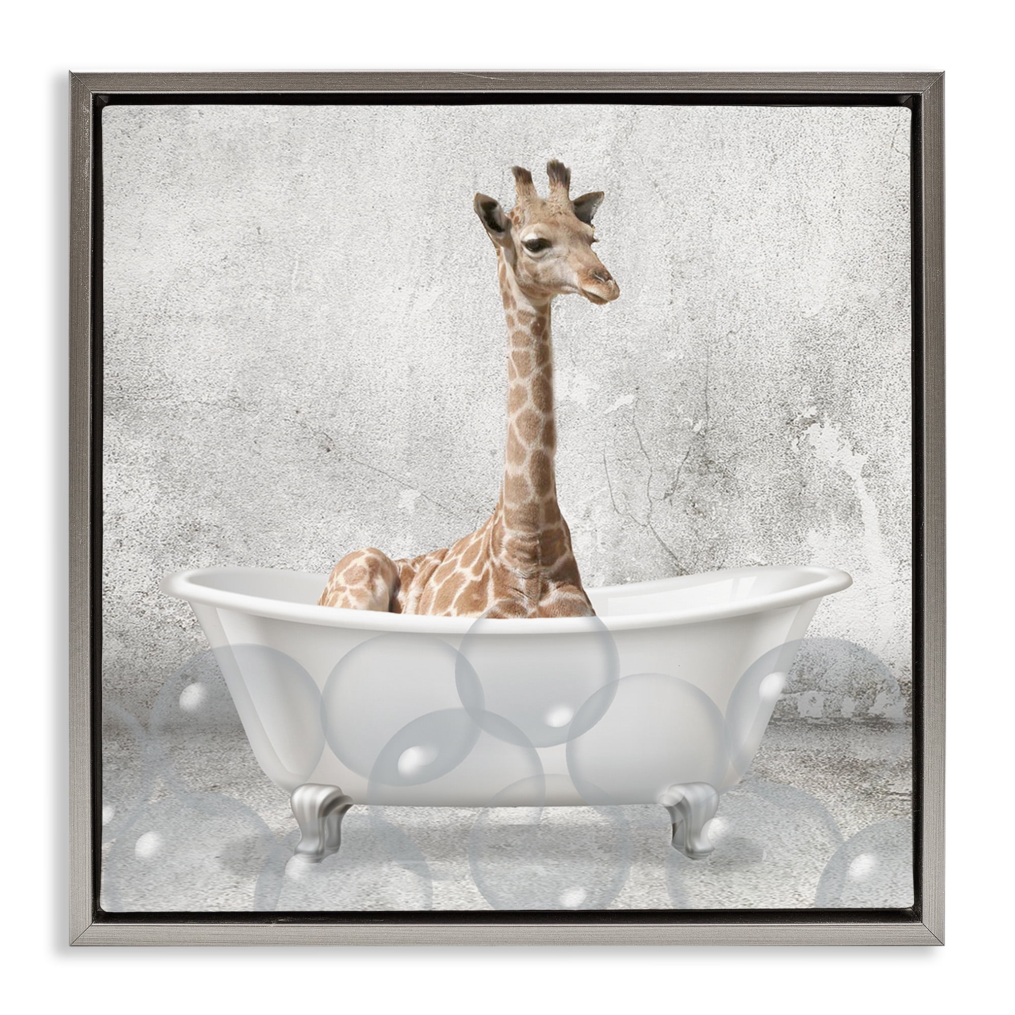 Stupell Industries Baby Giraffe Bath Time Animals & Insects Painting Gray Floater Framed Canvas Art Print Wall Art, 18 x 18