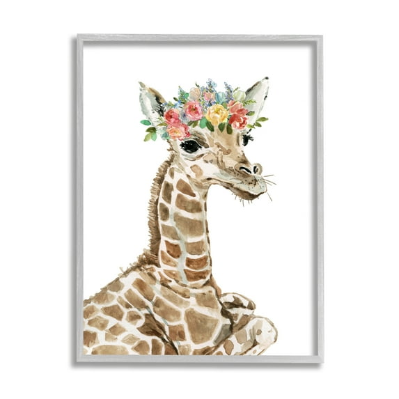 Stupell Industries Baby Giraffe Boho Fashion Spring Floral Crown Animals & Insects Painting Gray Framed Art Print Wall Art, 11 x 14