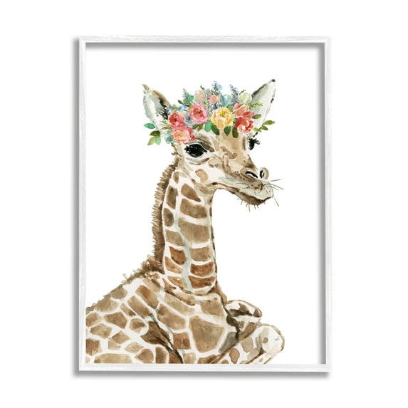 Stupell Industries Baby Giraffe Boho Fashion Spring Floral Crown Animals & Insects Painting White Framed Art Print Wall Art, 11 x 14