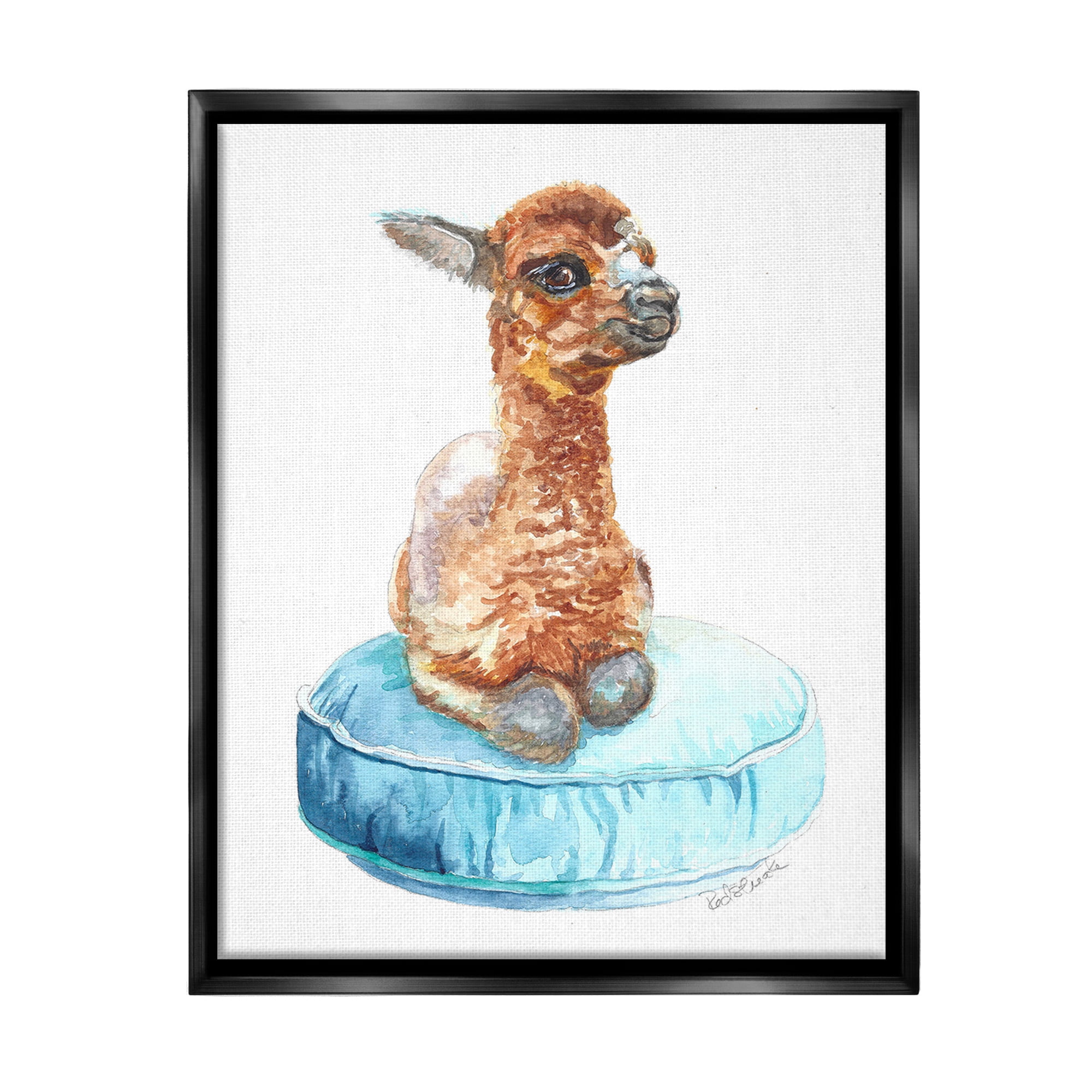 Stupell Industries Baby Goat on Pillow Animals & Insects Painting Black Floater Framed Canvas Art Print Wall Art, 25 x 31