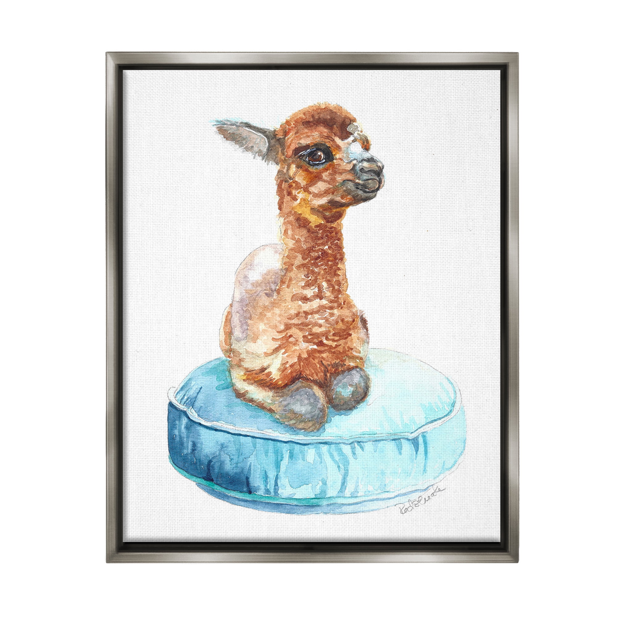 Stupell Industries Baby Goat on Pillow Animals & Insects Painting Gray Floater Framed Canvas Art Print Wall Art, 25 x 31