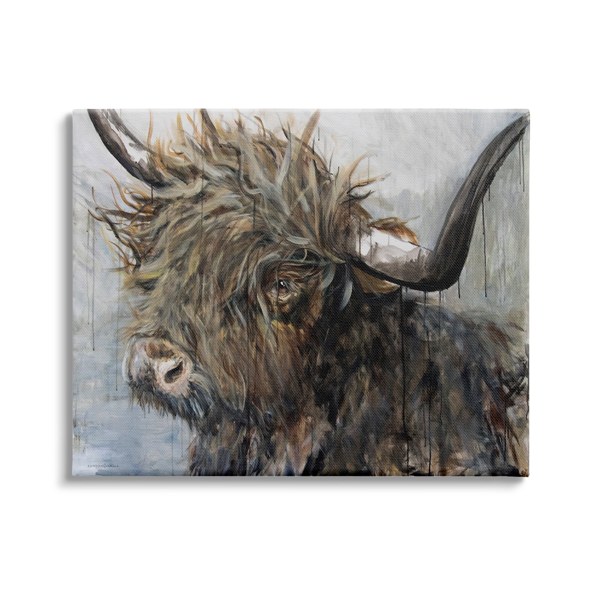 Stupell Industries Baby Highland Cattle Portrait Rustic Rain Paint Drip, 30 x 24, Design by Kamdon Kreations