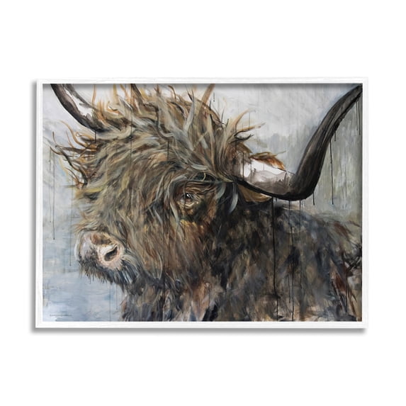 Stupell Industries Baby Highland Cattle Portrait Rustic Rain Paint Drip, 30 x 24, Design by Kamdon Kreations