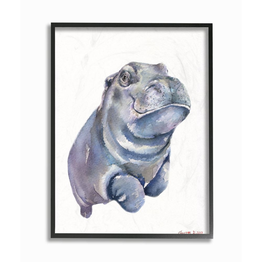 Stupell Industries Baby Hippo Animal Watercolor Painting Framed Giclee Texturized Art by George Dyachenko