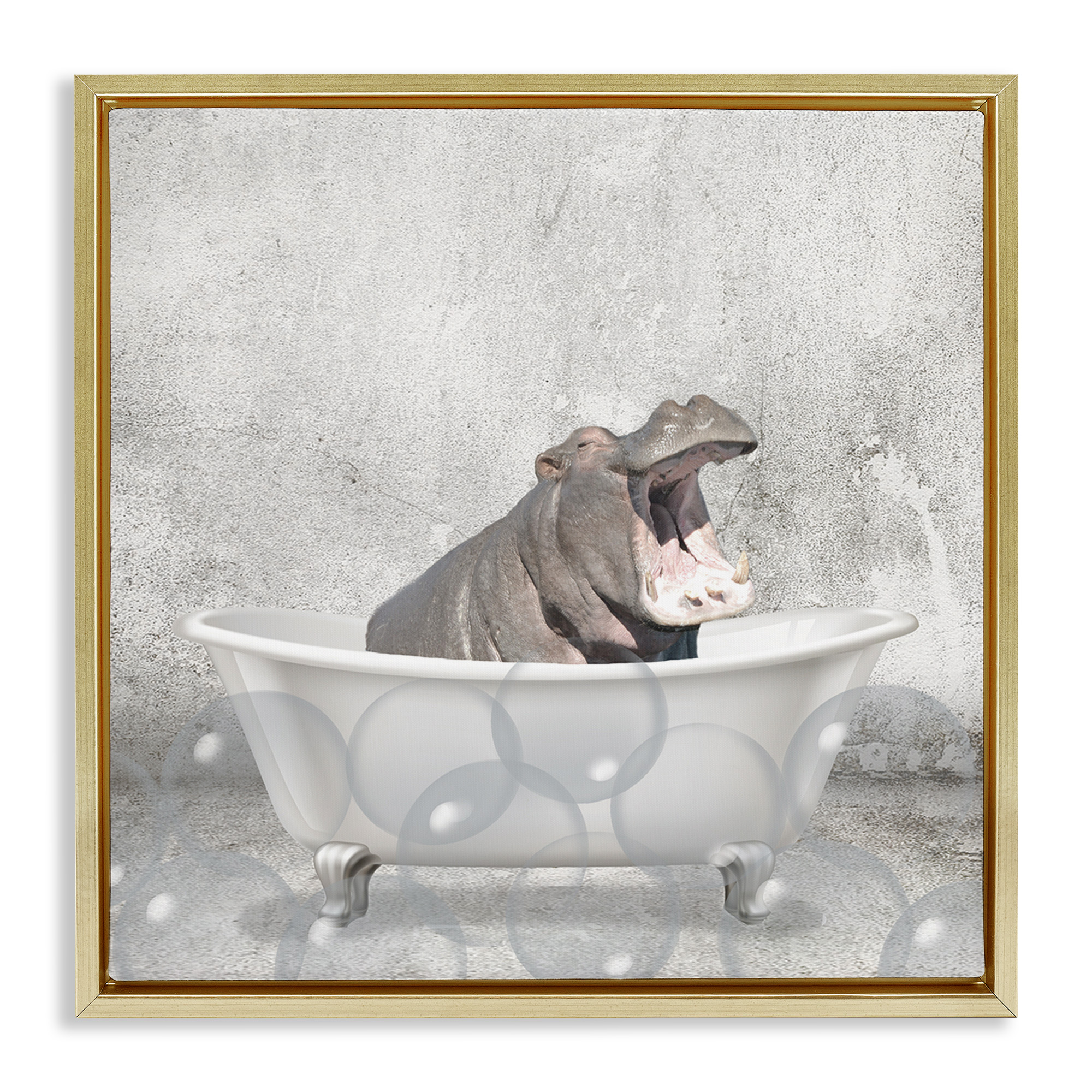 Stupell Industries Baby Hippo Bath Time Animals & Insects Painting Gold Floater Framed Canvas Art Print Wall Art, 18 x 18