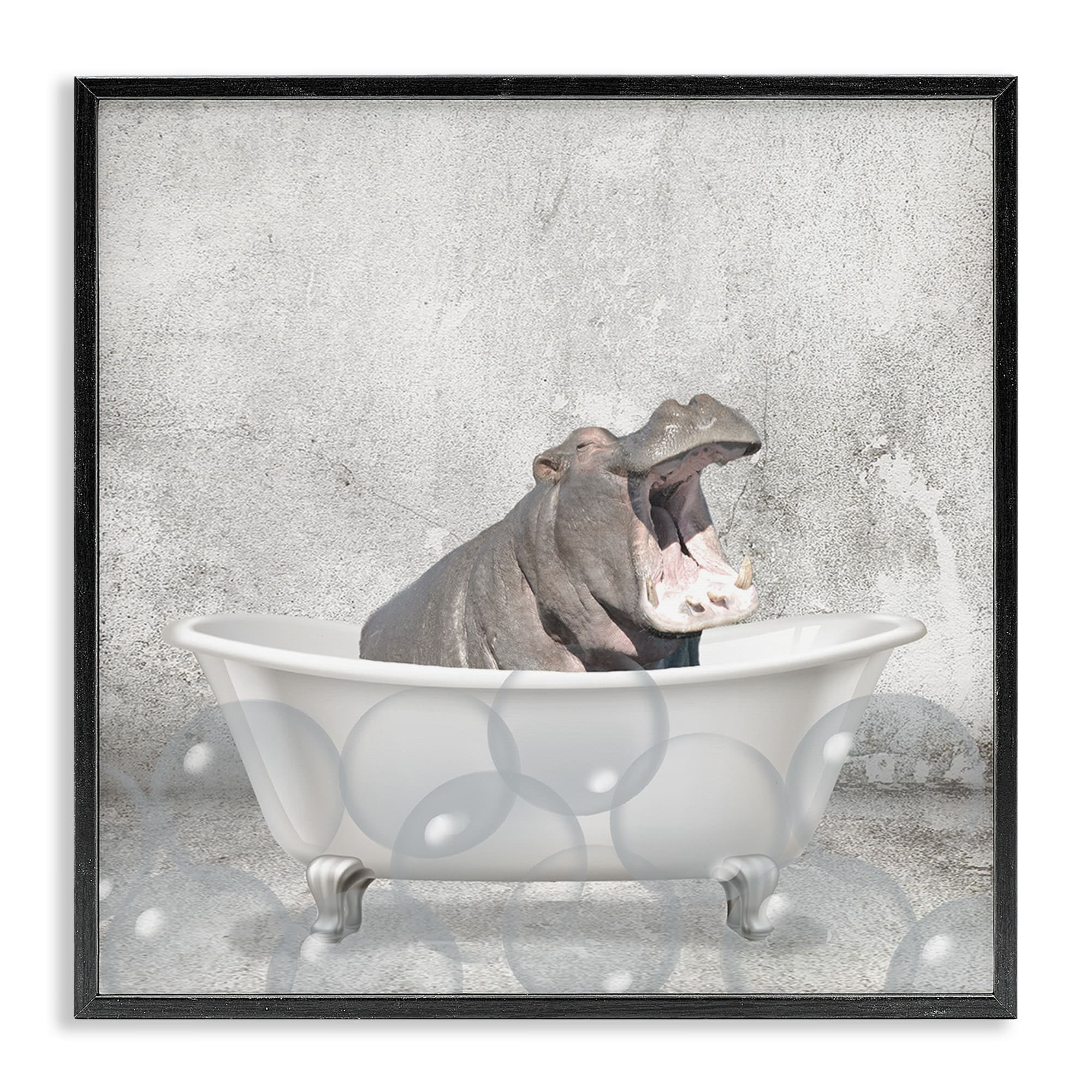 Stupell Industries Baby Hippo Bath Time Cute Animal Design Graphic Art Black Framed Art Print Wall Art, 12x12, by Kim Allen