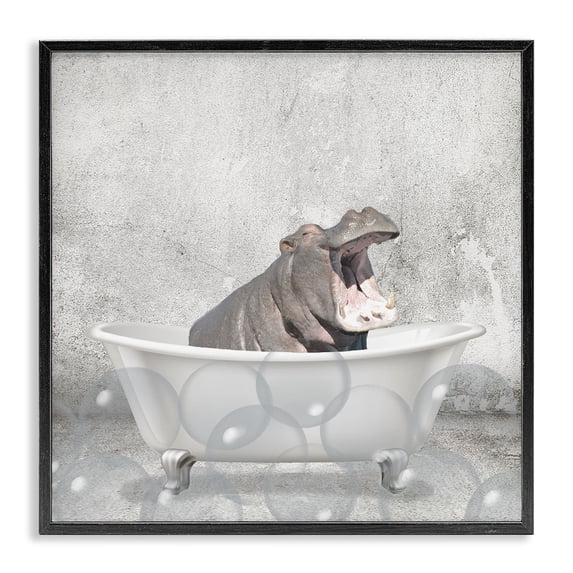 Stupell Industries Baby Hippo Bath Time Cute Animal Design Graphic Art Black Framed Art Print Wall Art, 12x12, by Kim Allen