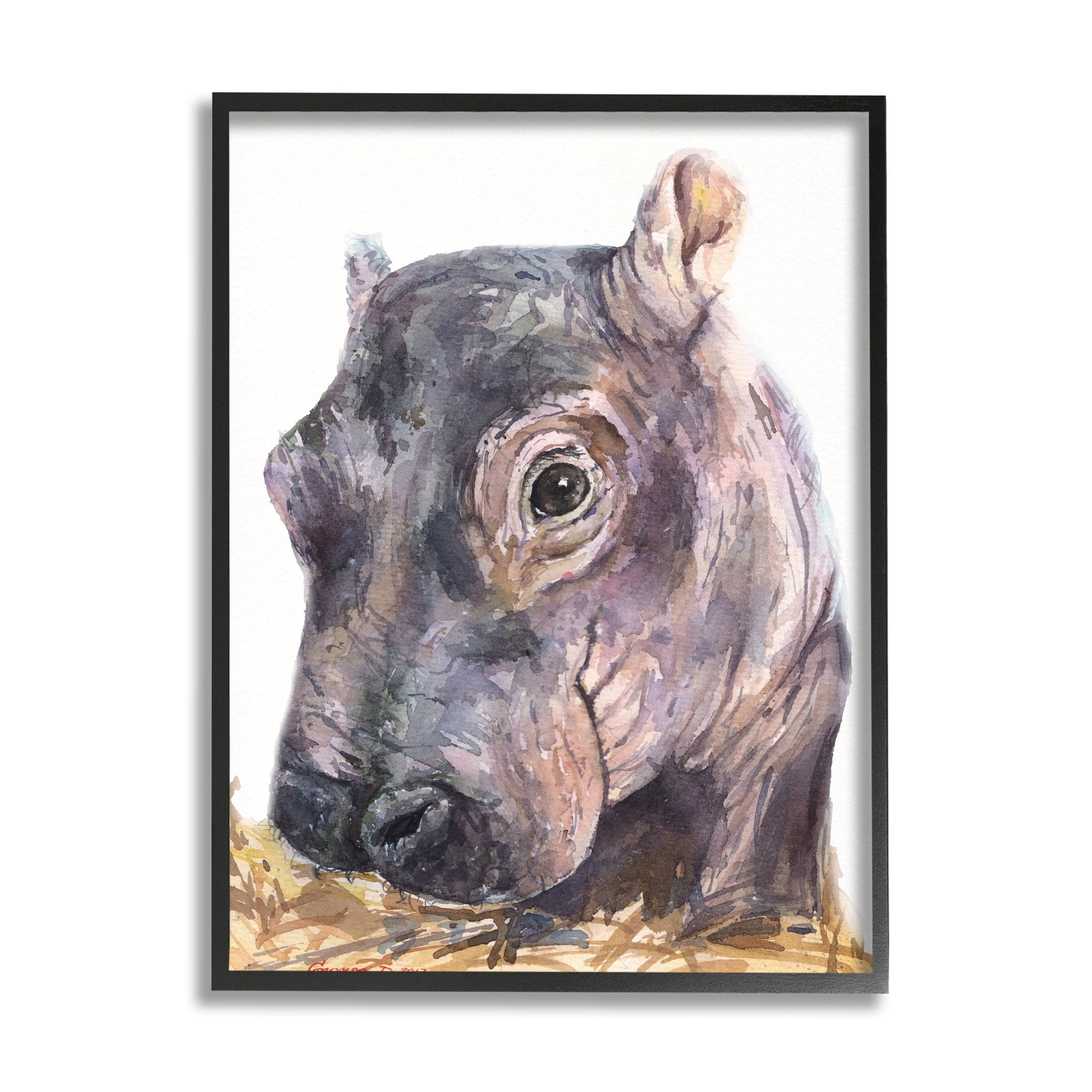 Stupell Industries Baby Hippo Portrait Adorable Grey Safari Animal Black Framed, 16 x 20, Design by George Dyachenko
