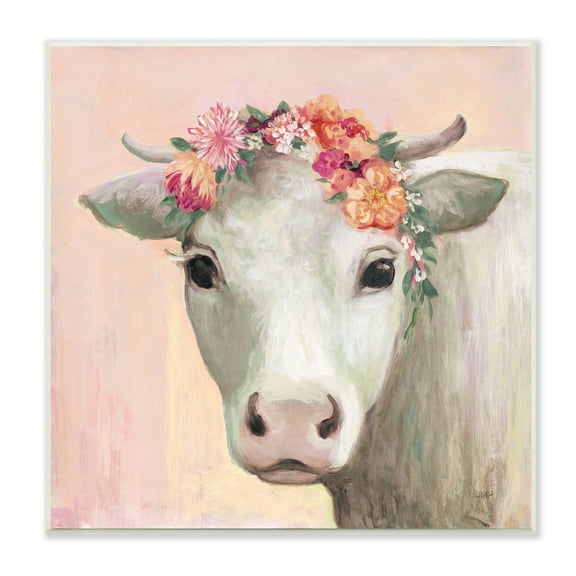 Stupell Industries Baby Horned Cattle Wildflower Floral Crown Soft Pink, 12 x 12, Design by Julia Purinton