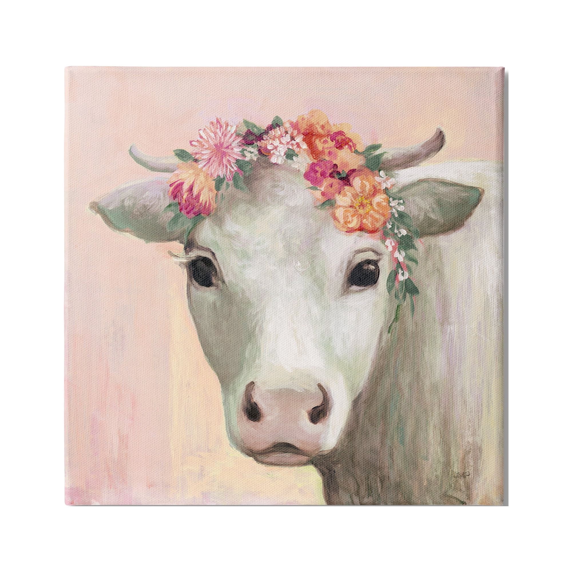 Stupell Industries Baby Horned Cattle Wildflower Floral Crown Soft Pink, 17 x 17, Design by Julia Purinton