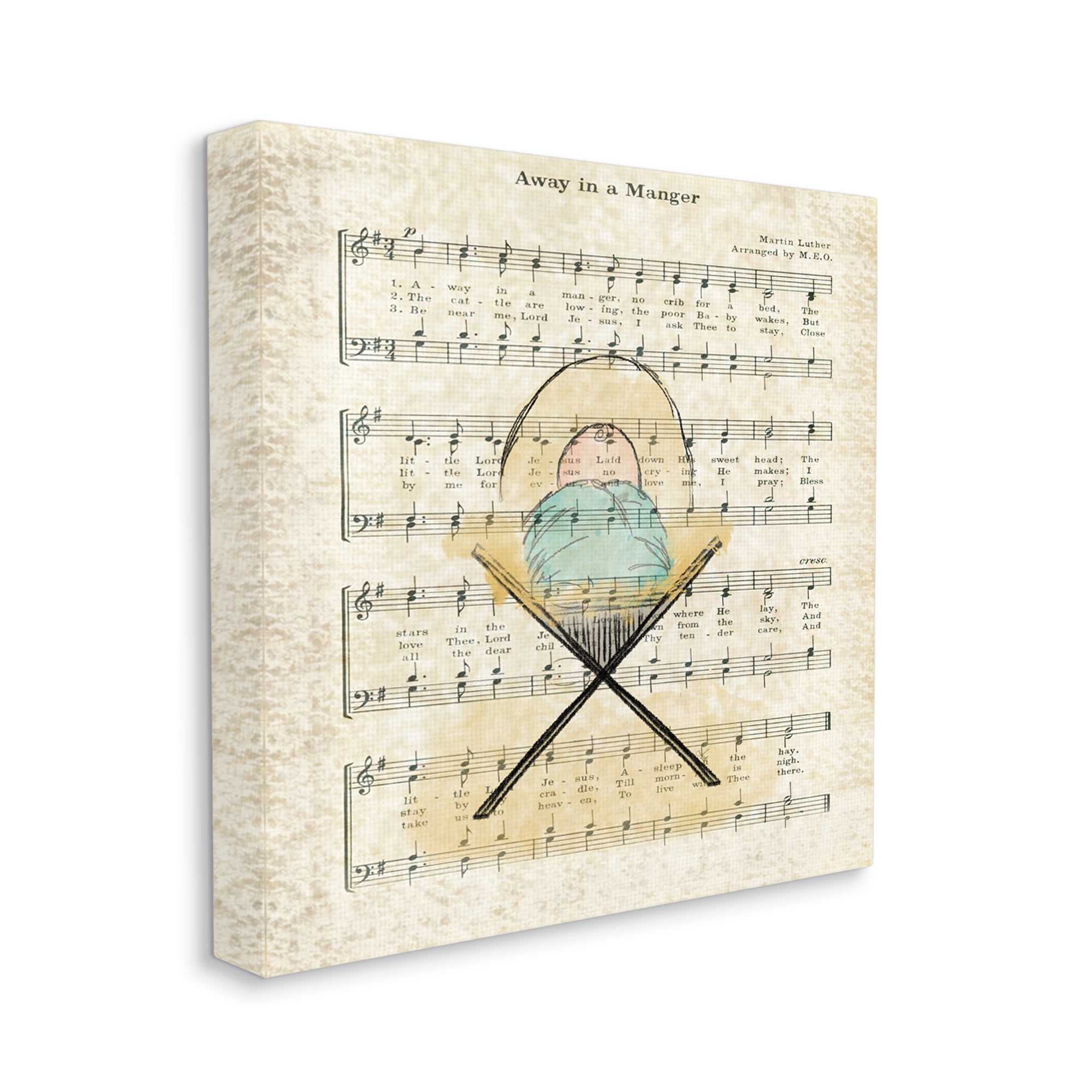 Stupell Industries Baby Jesus Cradle Away In Manger Musical Script Religious Painting Gallery Wrapped Canvas Print Wall Art, 24 x 24