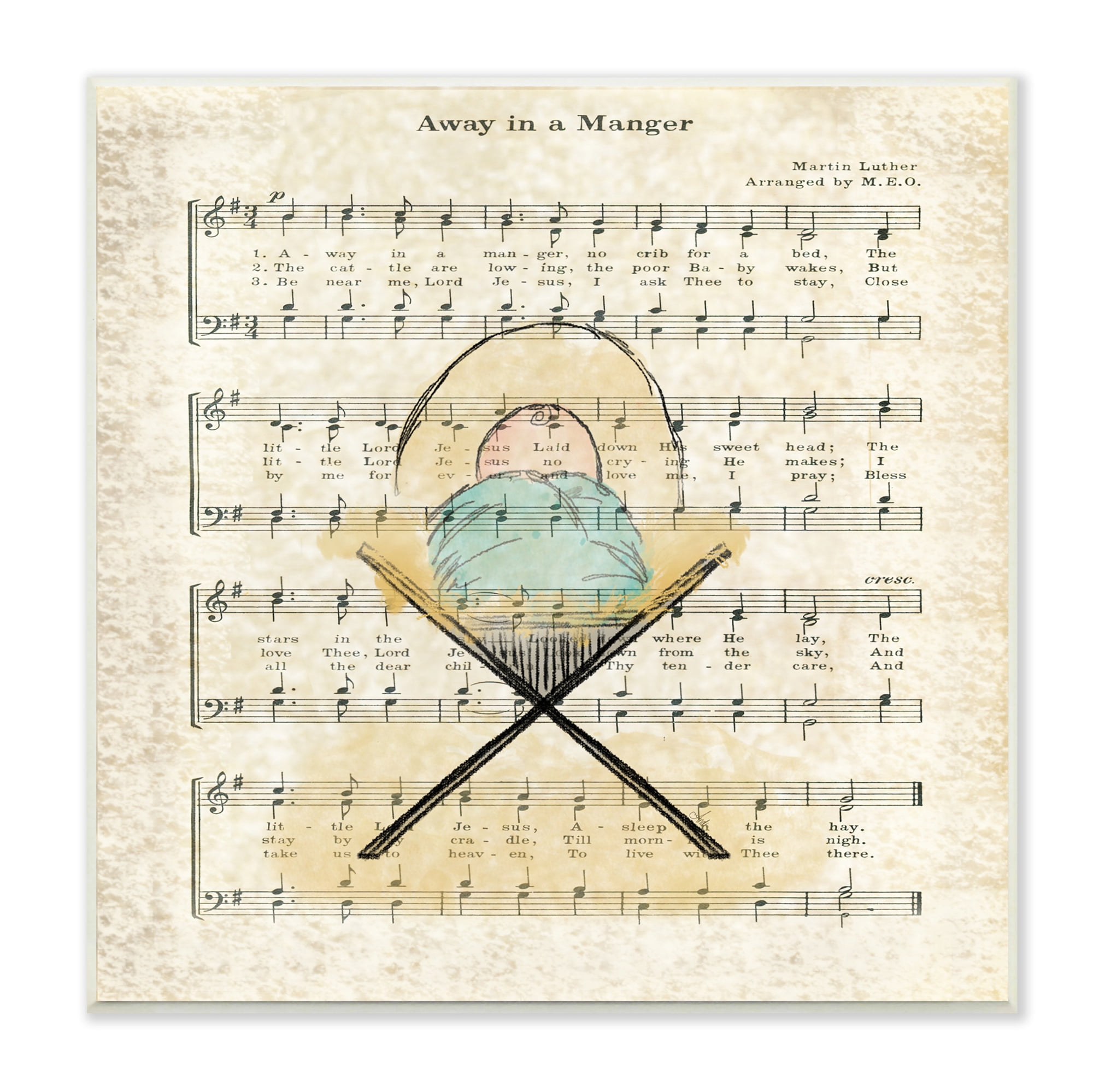 Stupell Industries Baby Jesus Cradle Away In Manger Musical Script Religious Painting Unframed Art Print Wall Art, 12 x 12